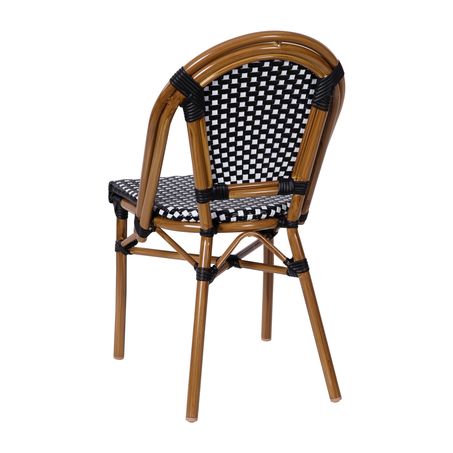 Bordeaux Set of 2 Indoor/Outdoor Commercial Bistro Stacking Chairs, Black/White PE Rattan Back and Seat, Bamboo Print Aluminum Frame in Natural Black & White/Natural Frame
