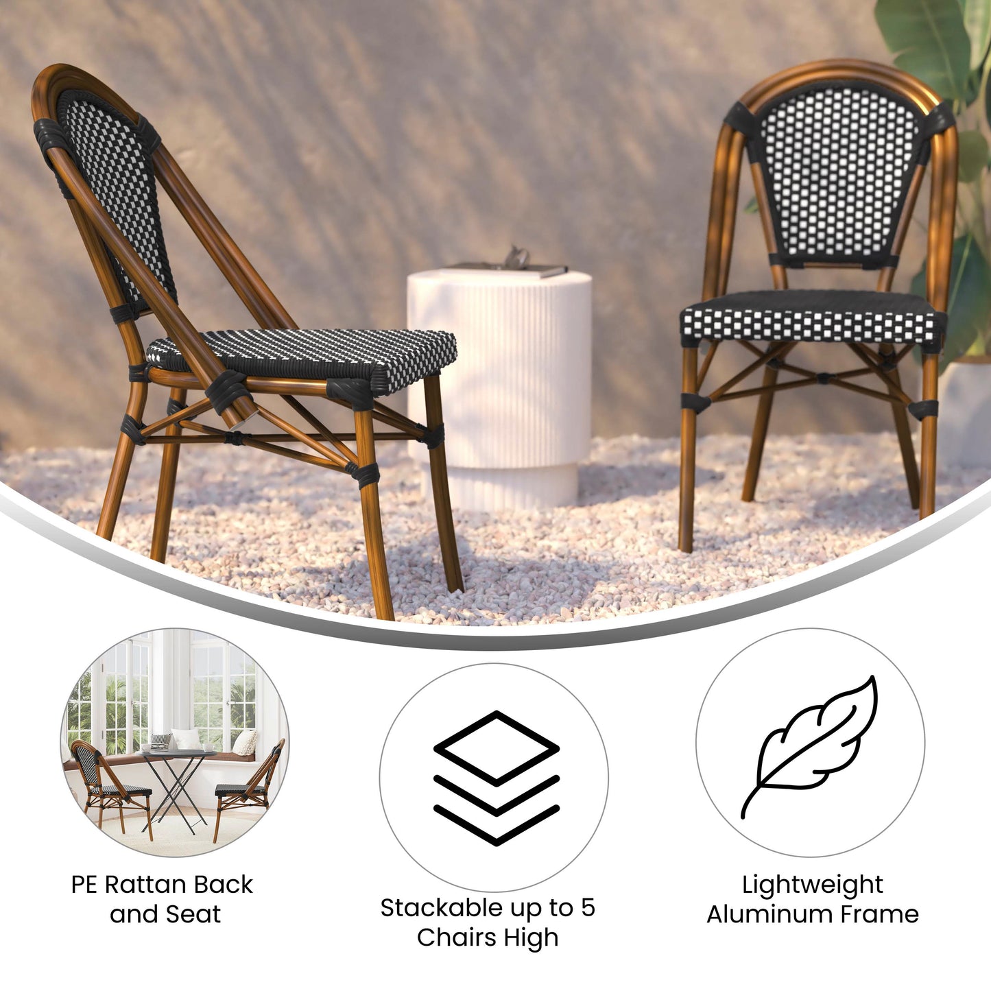 Bordeaux Set of 2 Indoor/Outdoor Commercial Bistro Stacking Chairs, Black/White PE Rattan Back and Seat, Bamboo Print Aluminum Frame in Natural Black & White/Natural Frame