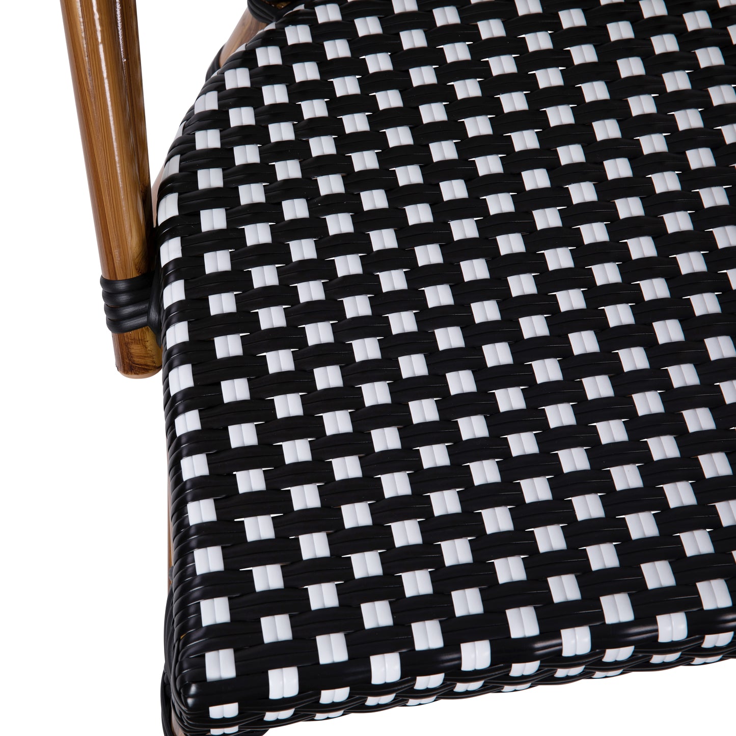 Bordeaux Set of 2 Indoor/Outdoor Commercial Bistro Stacking Chairs, Black/White PE Rattan Back and Seat, Bamboo Print Aluminum Frame in Natural Black & White/Natural Frame