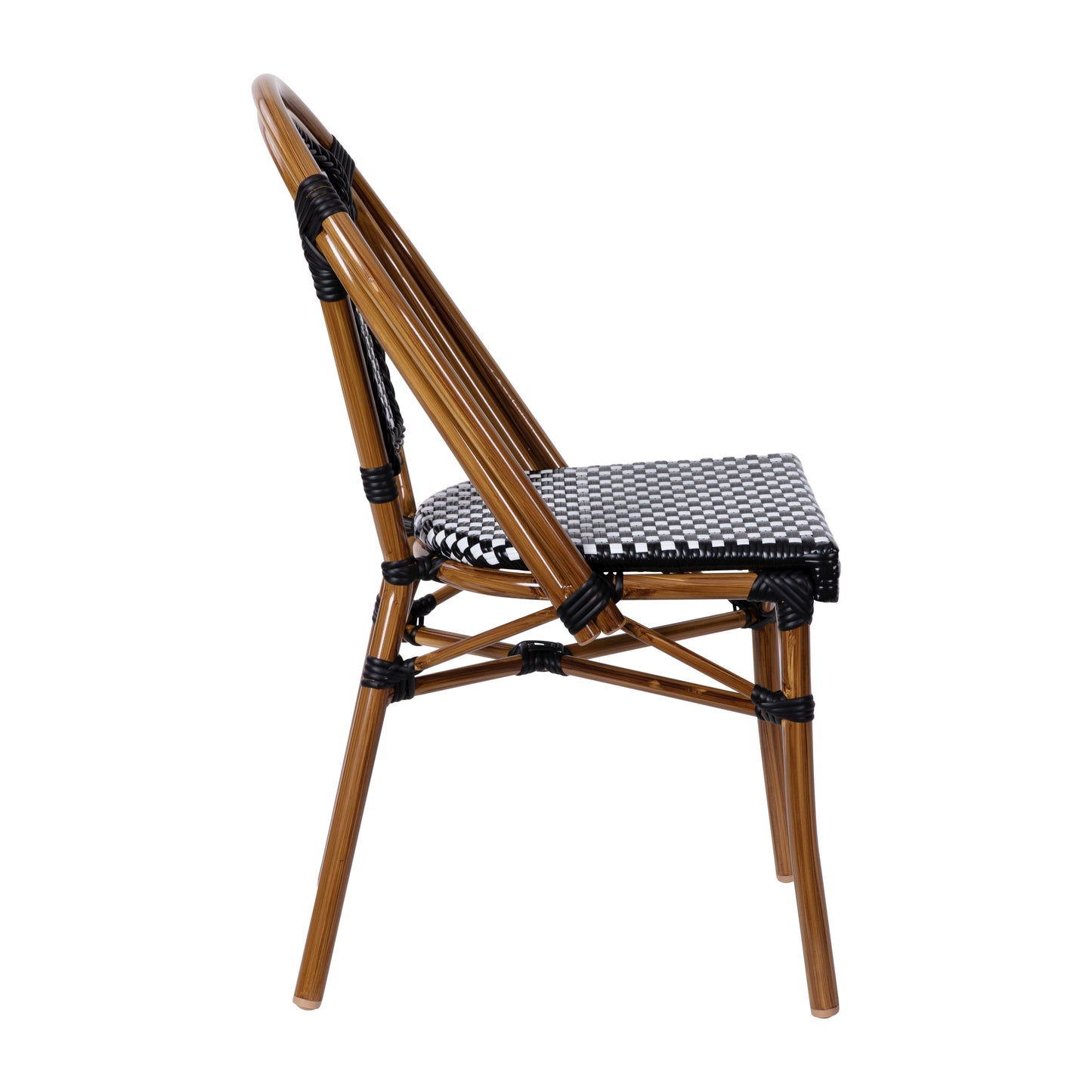 Bordeaux Set of 2 Indoor/Outdoor Commercial Bistro Stacking Chairs, Black/White PE Rattan Back and Seat, Bamboo Print Aluminum Frame in Natural Black & White/Natural Frame