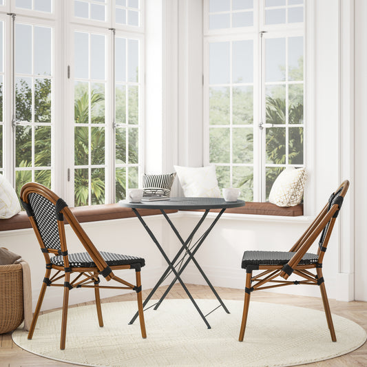Bordeaux Set of 2 Indoor/Outdoor Commercial Bistro Stacking Chairs, Black/White PE Rattan Back and Seat, Bamboo Print Aluminum Frame in Natural Black & White/Natural Frame