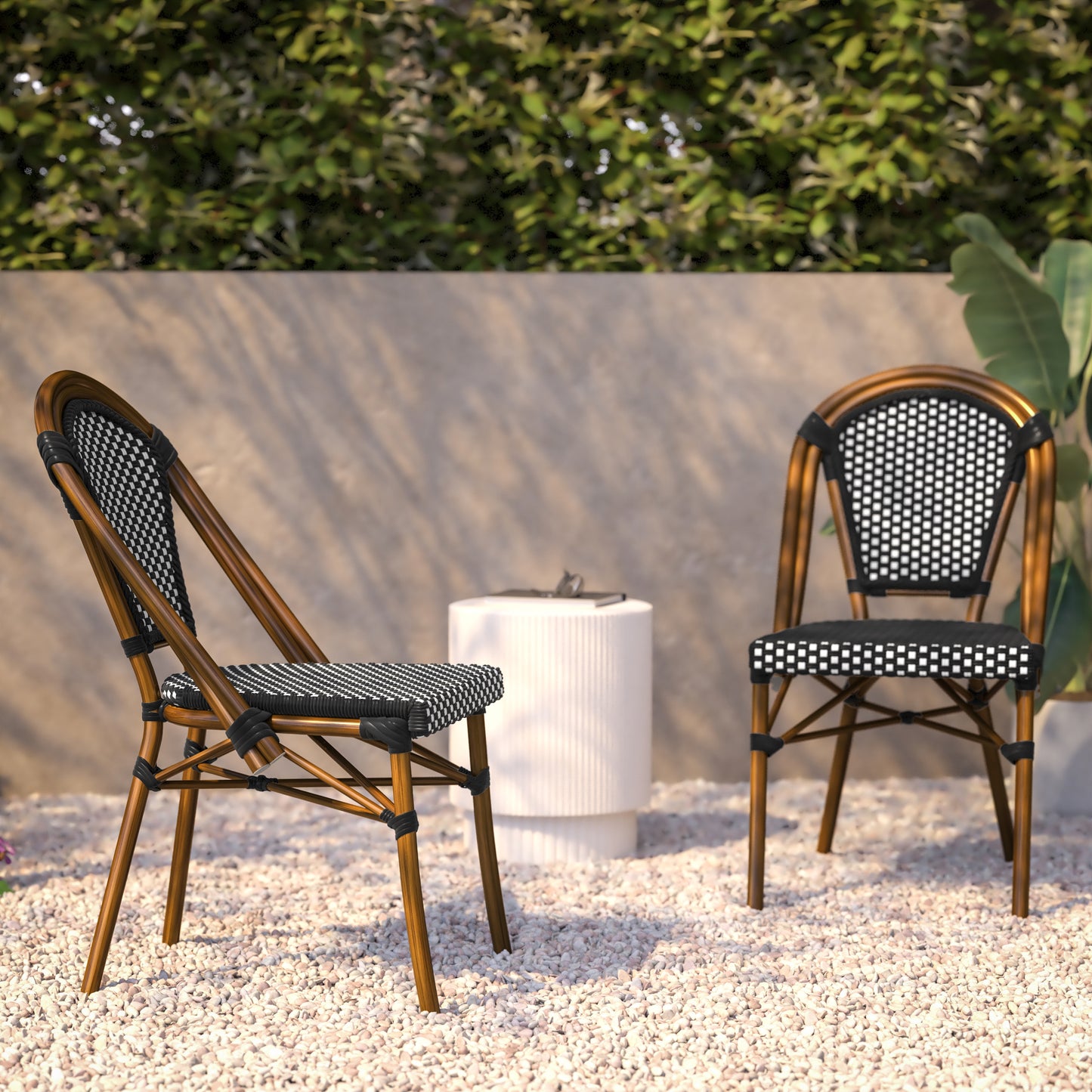 Bordeaux Set of 2 Indoor/Outdoor Commercial Bistro Stacking Chairs, Black/White PE Rattan Back and Seat, Bamboo Print Aluminum Frame in Natural Black & White/Natural Frame