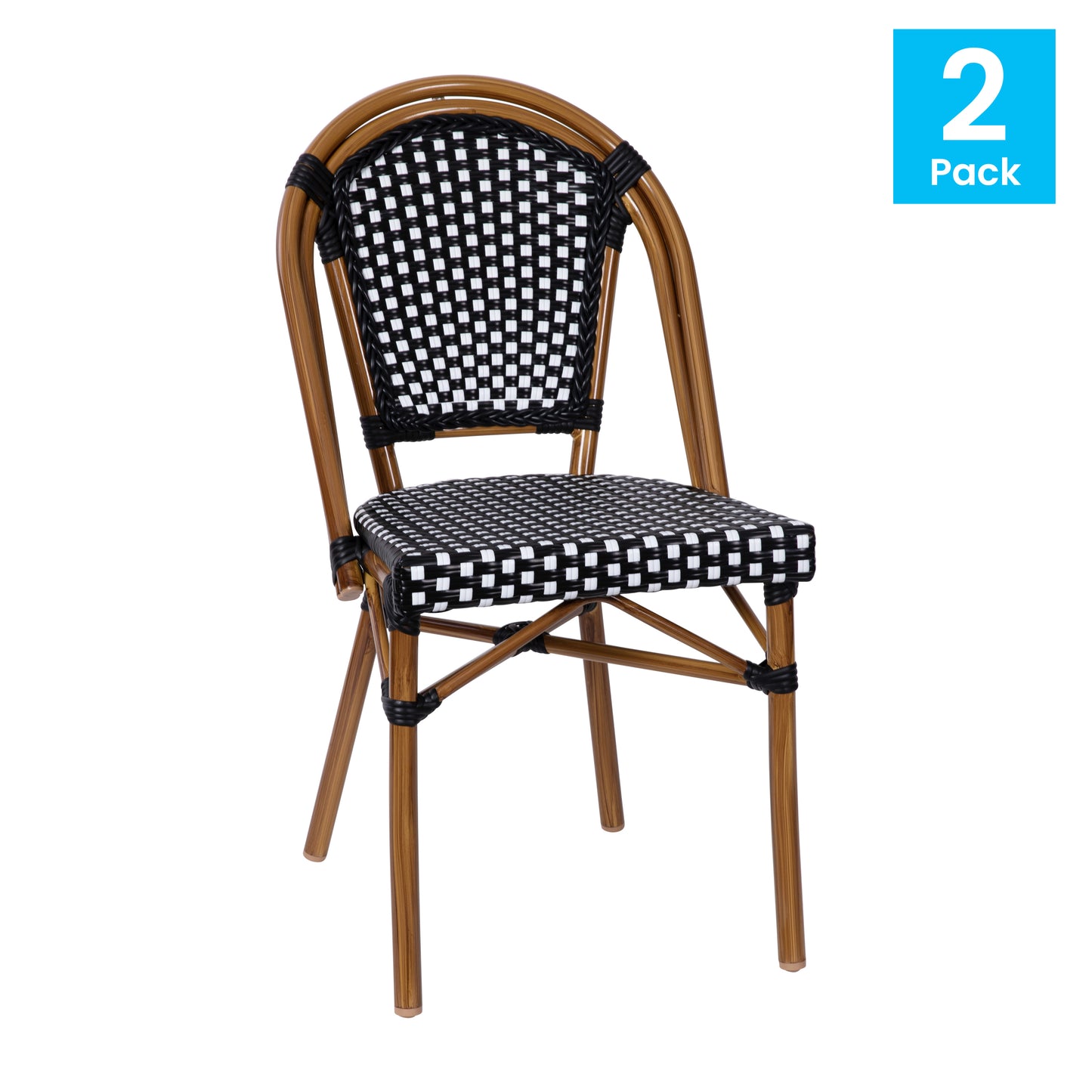Bordeaux Set of 2 Indoor/Outdoor Commercial Bistro Stacking Chairs, Black/White PE Rattan Back and Seat, Bamboo Print Aluminum Frame in Natural Black & White/Natural Frame