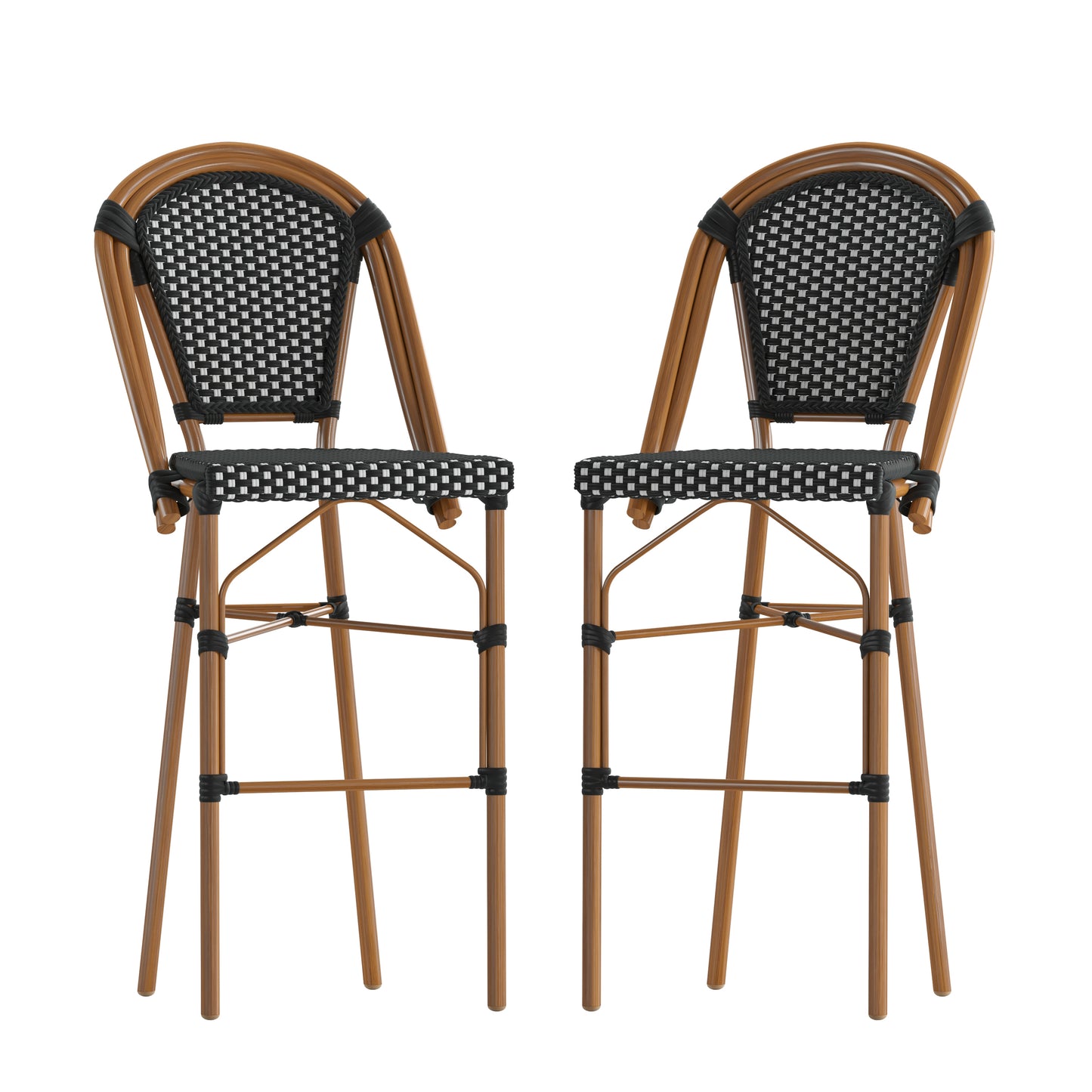 Bordeaux Set of 2 Stackable Indoor/Outdoor Bistro 30" High Barstools, Commercial Grade, Black/White and Bamboo Finish Black & White/Natural Frame