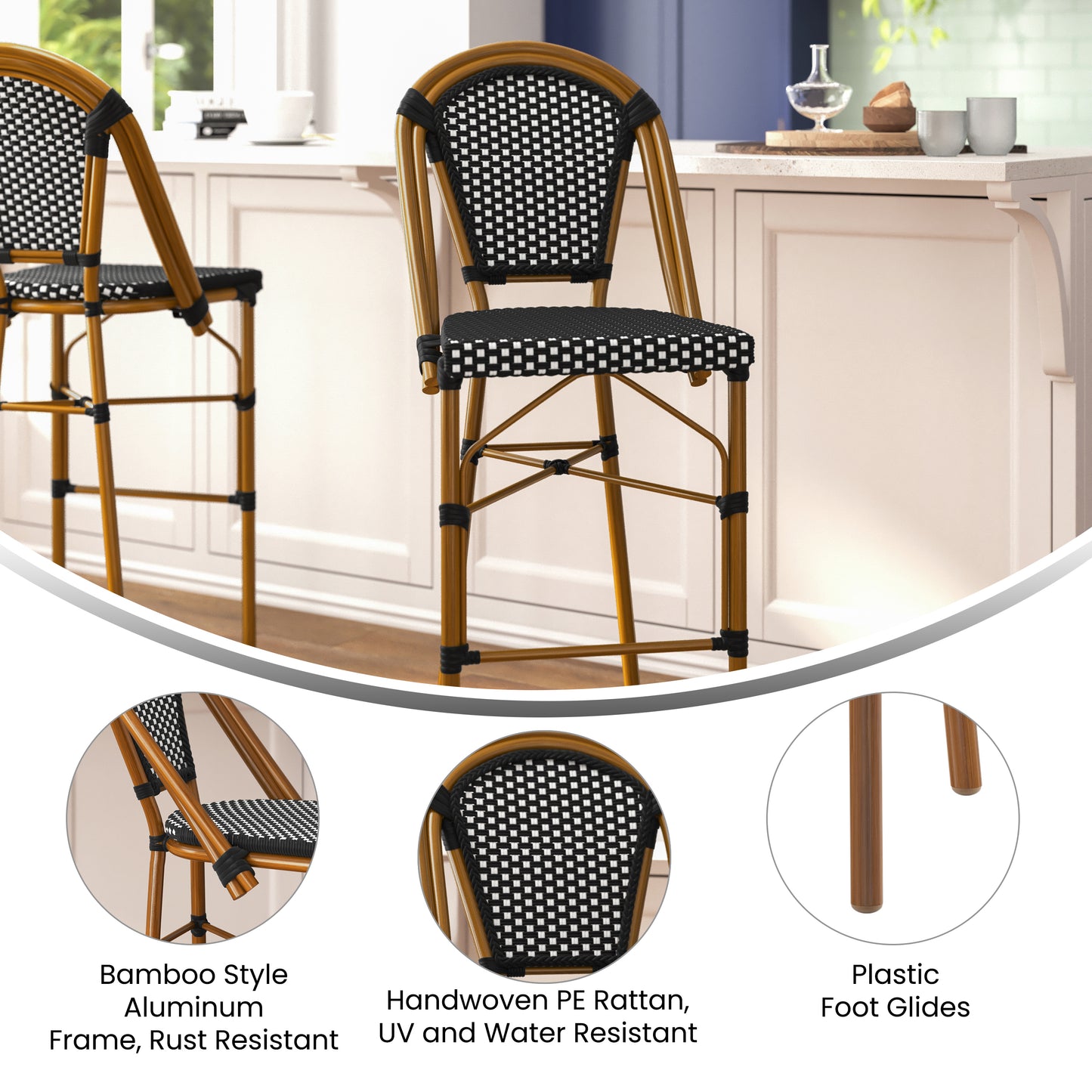 Bordeaux Set of 2 Stackable Indoor/Outdoor Bistro 30" High Barstools, Commercial Grade, Black/White and Bamboo Finish Black & White/Natural Frame