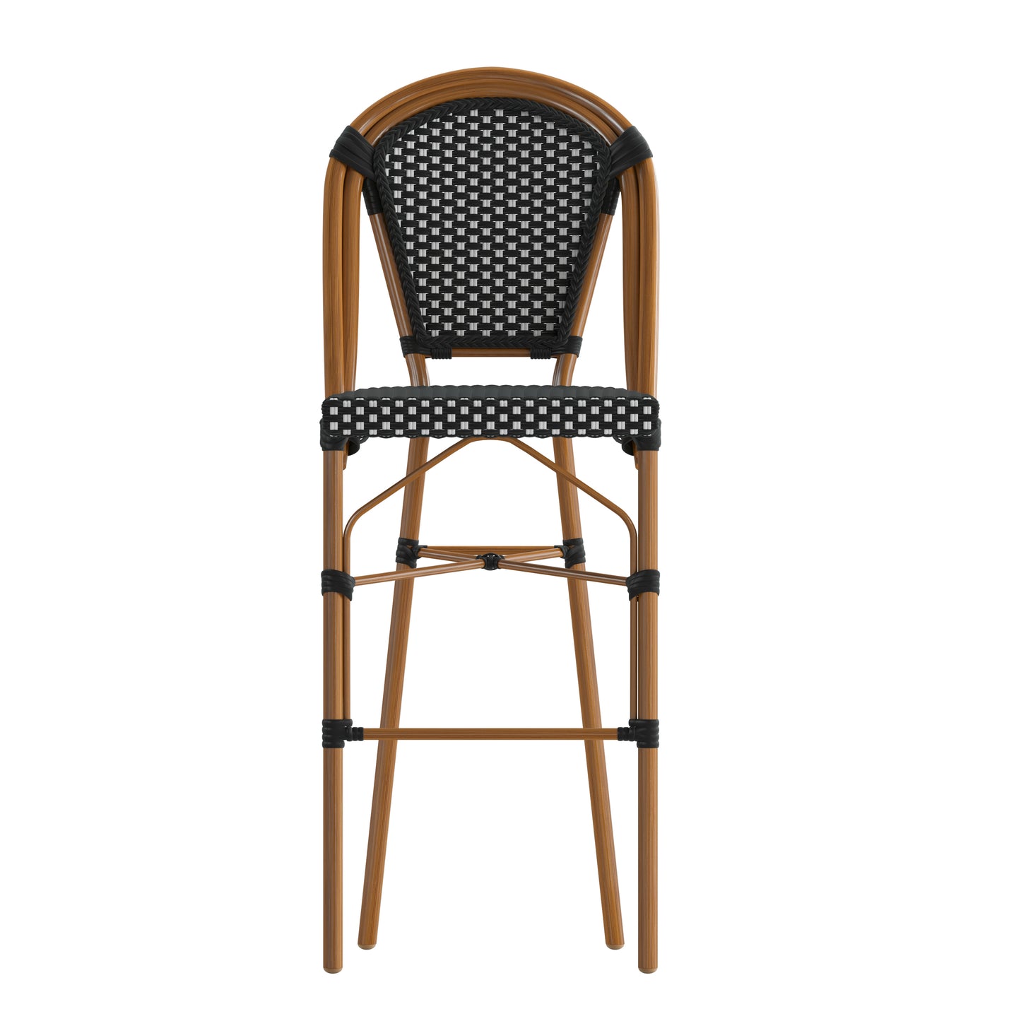 Bordeaux Set of 2 Stackable Indoor/Outdoor Bistro 30" High Barstools, Commercial Grade, Black/White and Bamboo Finish Black & White/Natural Frame