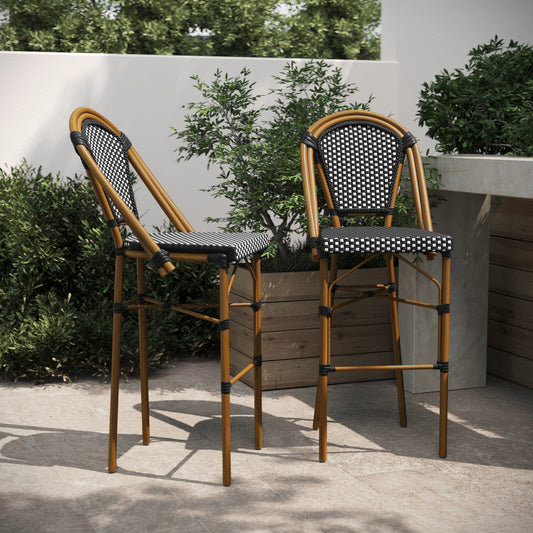 Bordeaux Set of 2 Stackable Indoor/Outdoor Bistro 30" High Barstools, Commercial Grade, Black/White and Bamboo Finish Black & White/Natural Frame