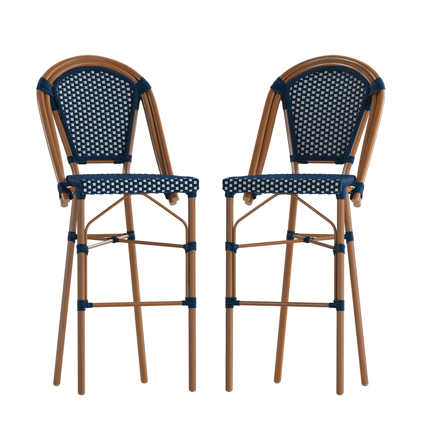 Bordeaux Set of 2 Stackable Indoor/Outdoor Bistro 30" High Barstools, Commercial Grade, Navy/White and Bamboo Finish Navy & White/Natural Frame 2-SDA-AD642001-BS-NVYWH-NAT-GG