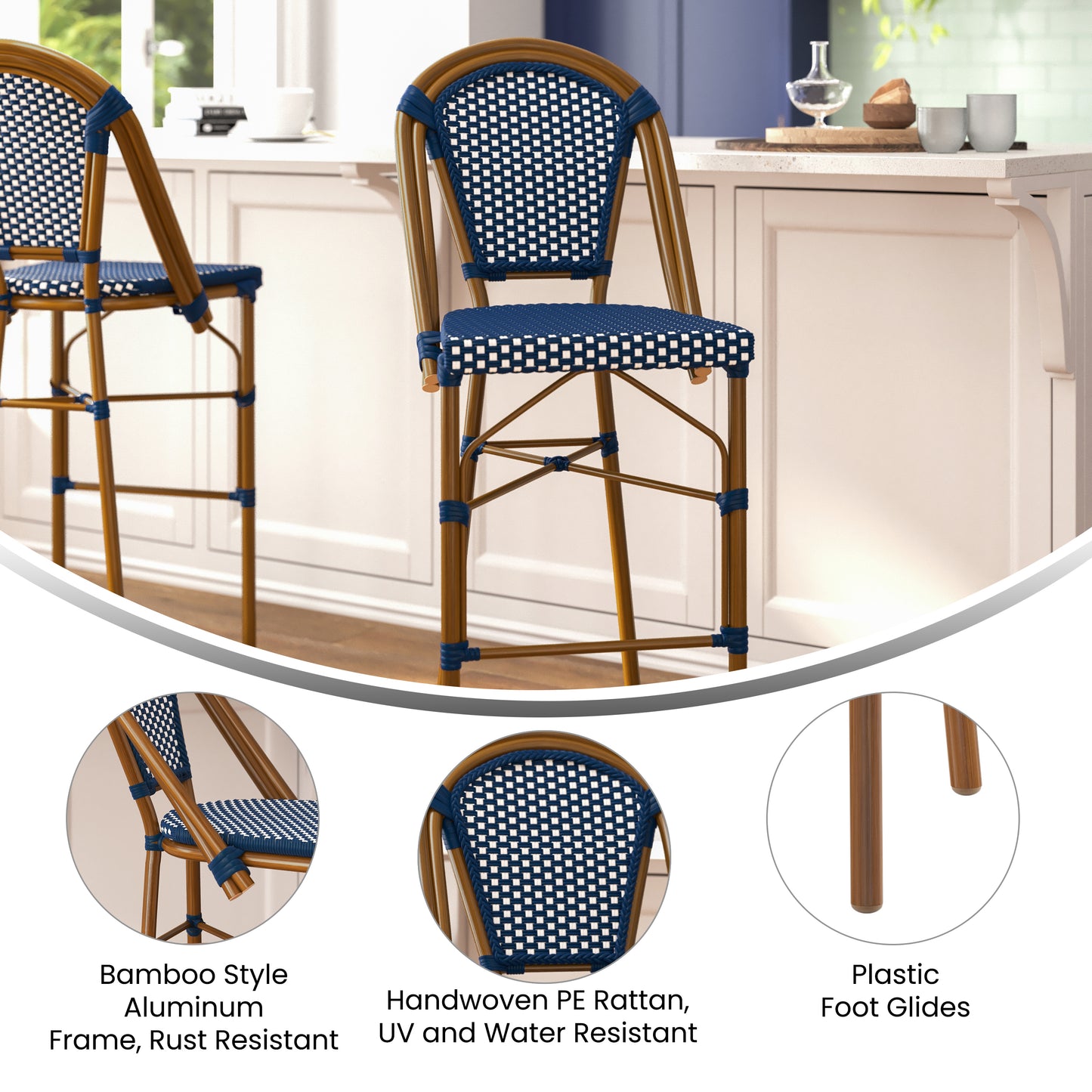 Bordeaux Set of 2 Stackable Indoor/Outdoor Bistro 30" High Barstools, Commercial Grade, Navy/White and Bamboo Finish Navy & White/Natural Frame 2-SDA-AD642001-BS-NVYWH-NAT-GG