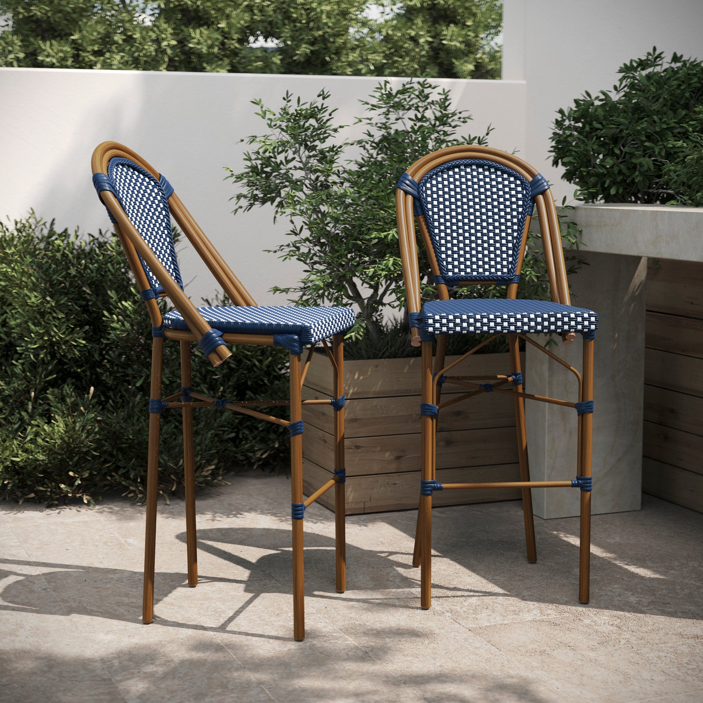 Bordeaux Set of 2 Stackable Indoor/Outdoor Bistro 30" High Barstools, Commercial Grade, Navy/White and Bamboo Finish Navy & White/Natural Frame 2-SDA-AD642001-BS-NVYWH-NAT-GG