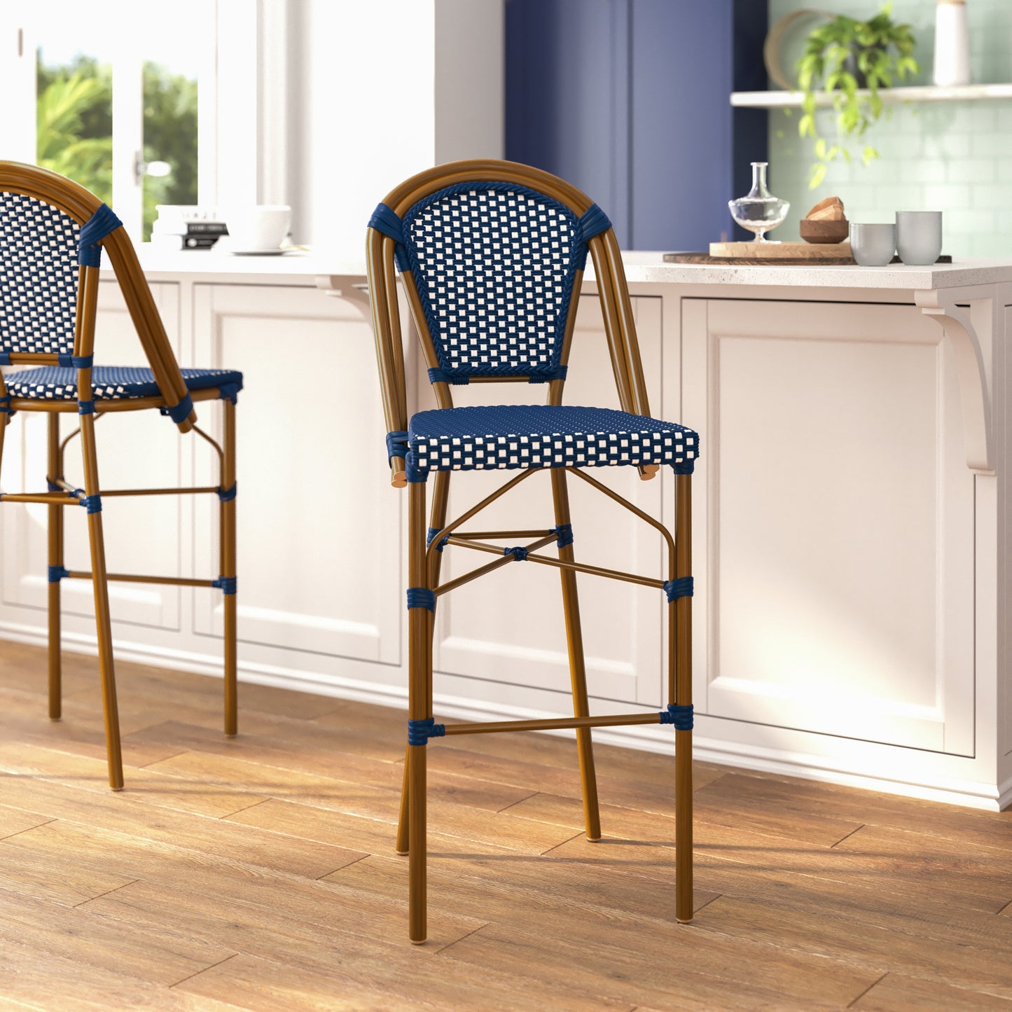 Bordeaux Set of 2 Stackable Indoor/Outdoor Bistro 30" High Barstools, Commercial Grade, Navy/White and Bamboo Finish Navy & White/Natural Frame 2-SDA-AD642001-BS-NVYWH-NAT-GG