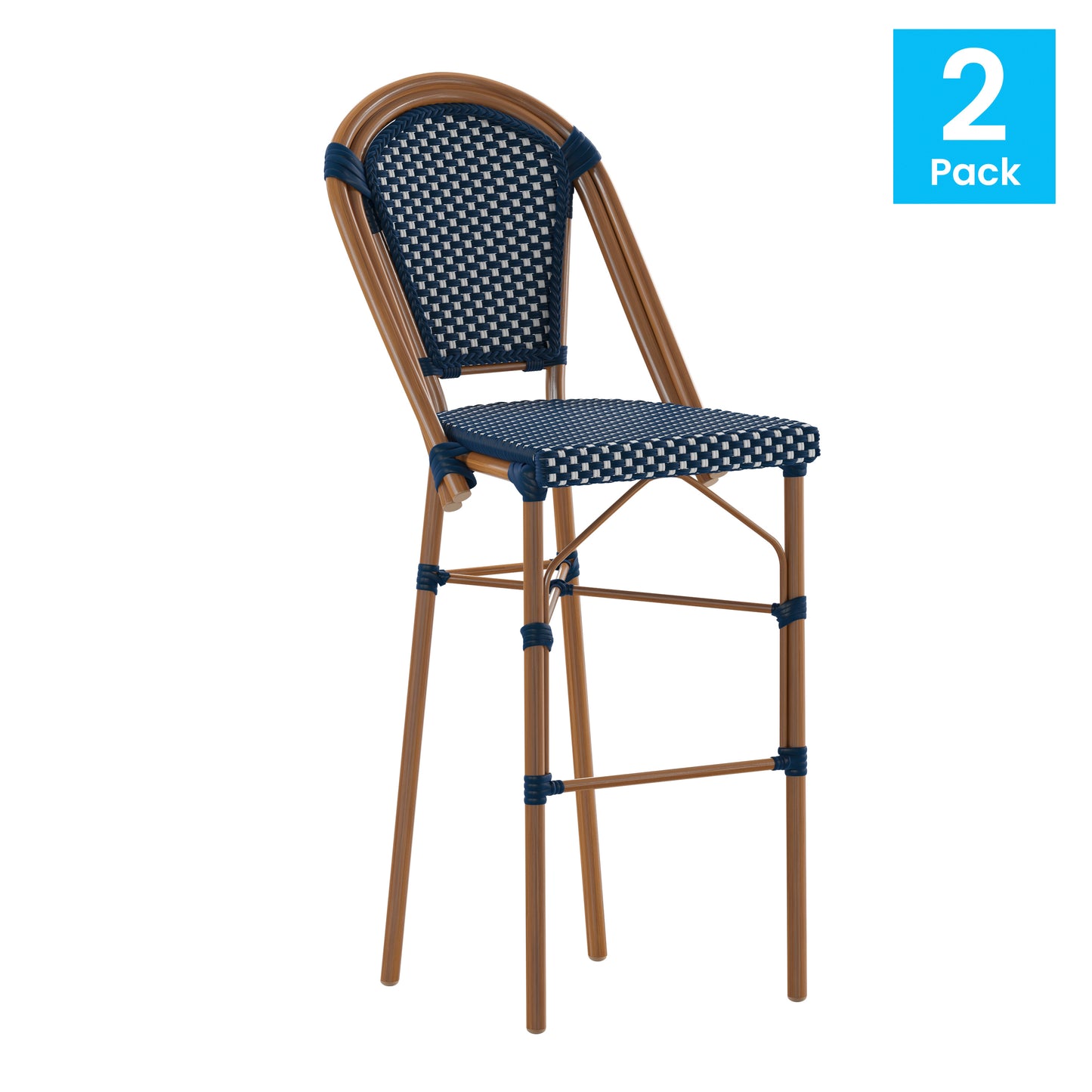 Bordeaux Set of 2 Stackable Indoor/Outdoor Bistro 30" High Barstools, Commercial Grade, Navy/White and Bamboo Finish Navy & White/Natural Frame 2-SDA-AD642001-BS-NVYWH-NAT-GG