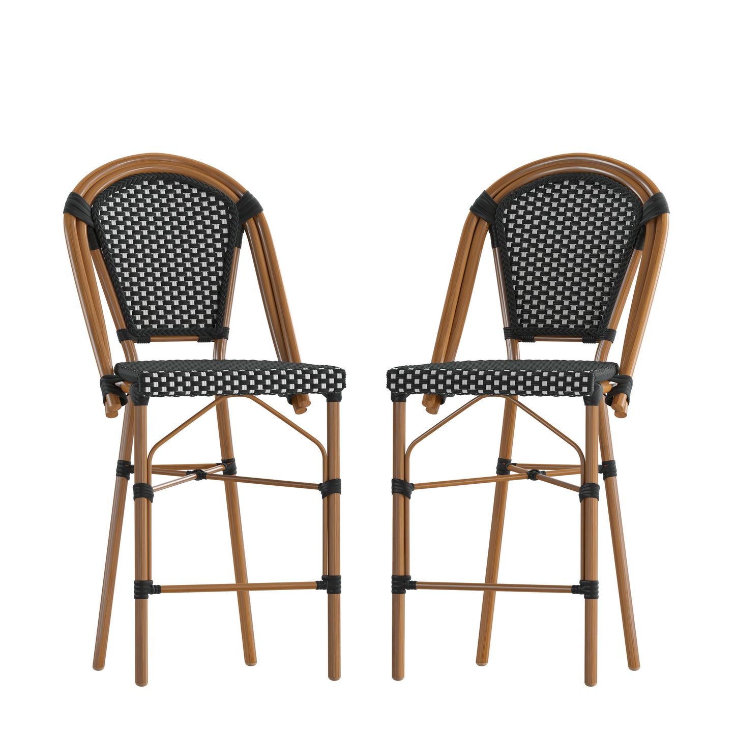 Bordeaux Set of 2 Stackable Indoor/Outdoor Bistro 26" High Counter Height Stools, Commercial Grade, Black/White and Bamboo Finish Black & White/Natural Frame