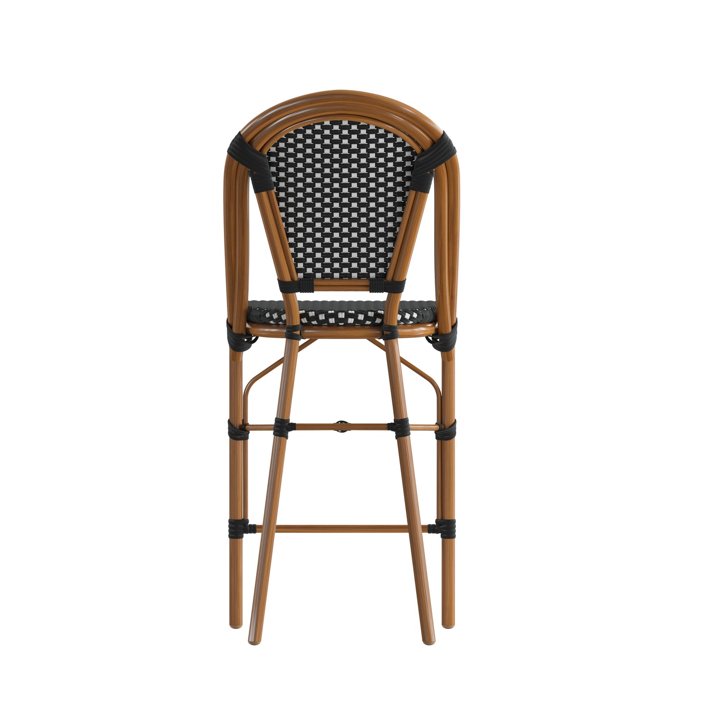 Bordeaux Set of 2 Stackable Indoor/Outdoor Bistro 26" High Counter Height Stools, Commercial Grade, Black/White and Bamboo Finish Black & White/Natural Frame