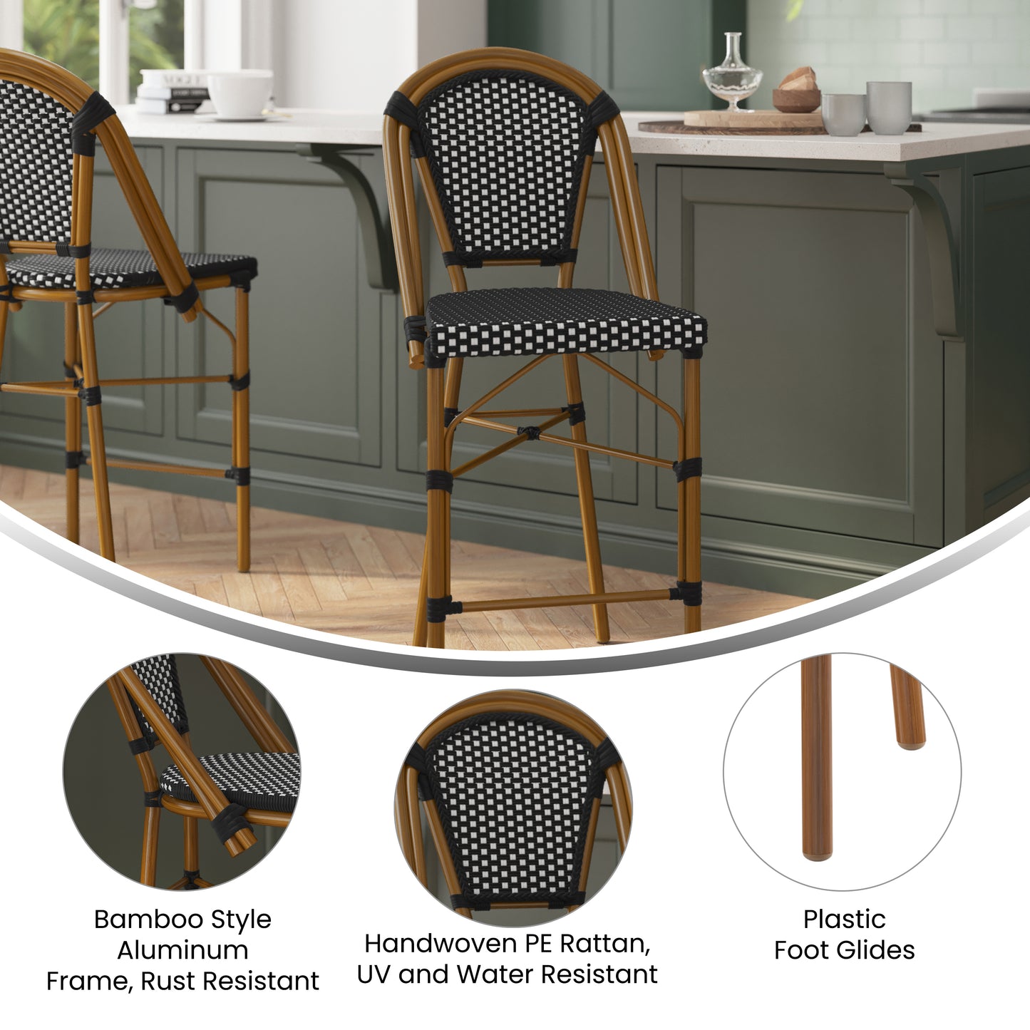 Bordeaux Set of 2 Stackable Indoor/Outdoor Bistro 26" High Counter Height Stools, Commercial Grade, Black/White and Bamboo Finish Black & White/Natural Frame