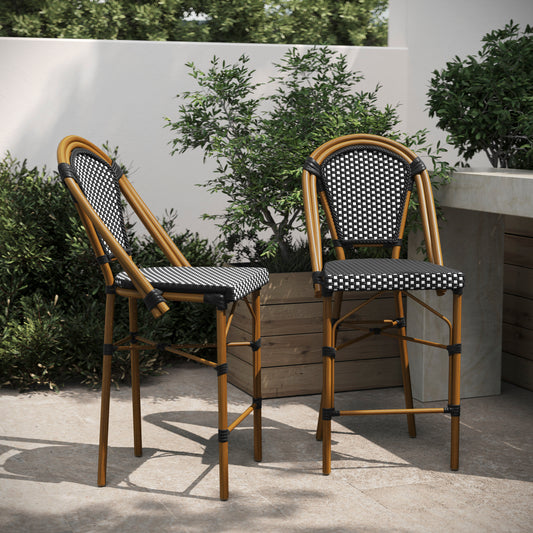 Bordeaux Set of 2 Stackable Indoor/Outdoor Bistro 26" High Counter Height Stools, Commercial Grade, Black/White and Bamboo Finish Black & White/Natural Frame