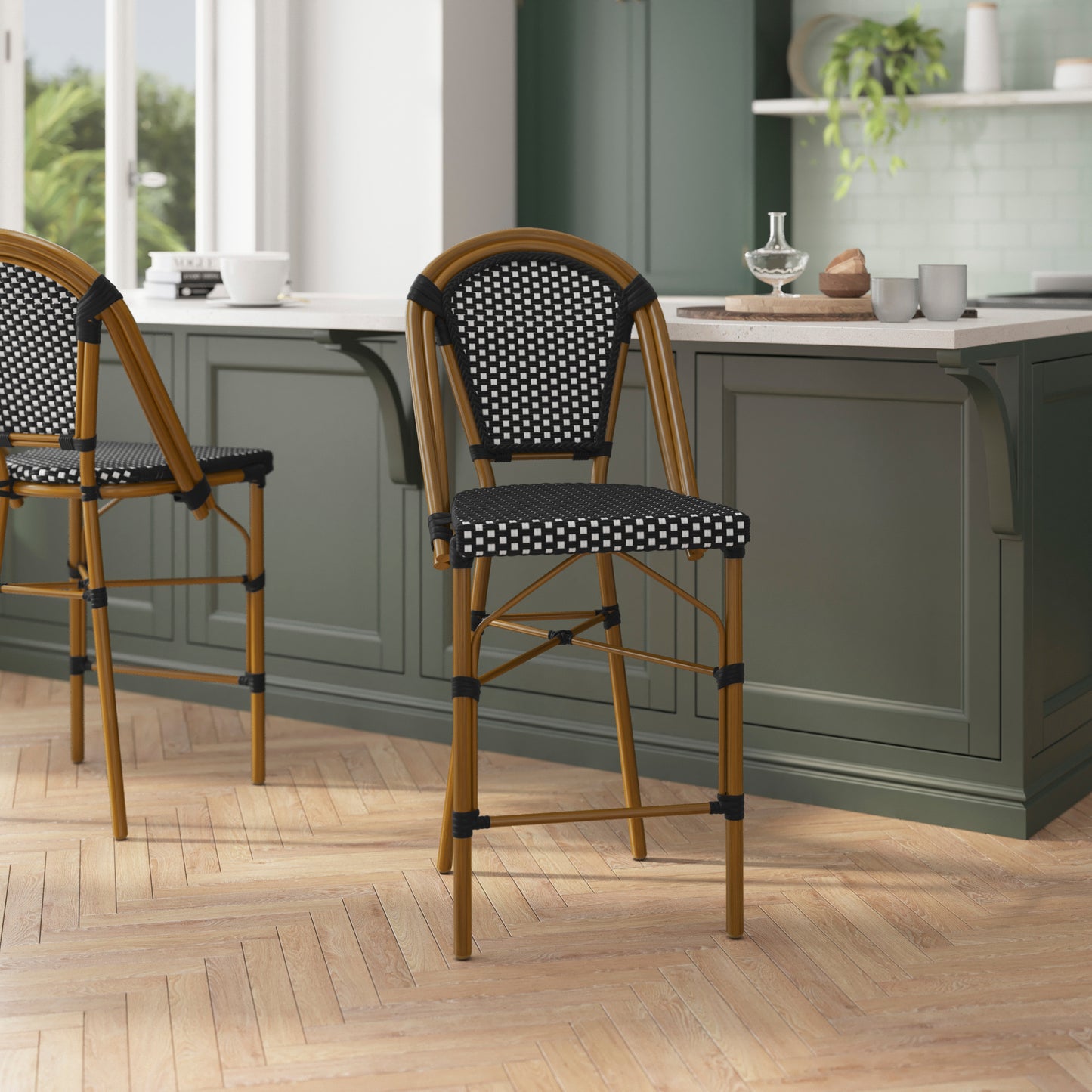 Bordeaux Set of 2 Stackable Indoor/Outdoor Bistro 26" High Counter Height Stools, Commercial Grade, Black/White and Bamboo Finish Black & White/Natural Frame
