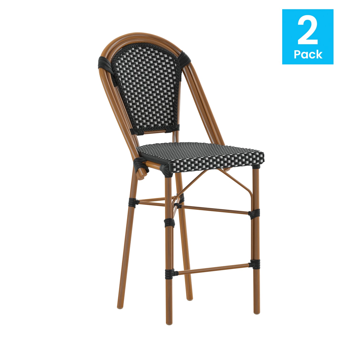 Bordeaux Set of 2 Stackable Indoor/Outdoor Bistro 26" High Counter Height Stools, Commercial Grade, Black/White and Bamboo Finish Black & White/Natural Frame