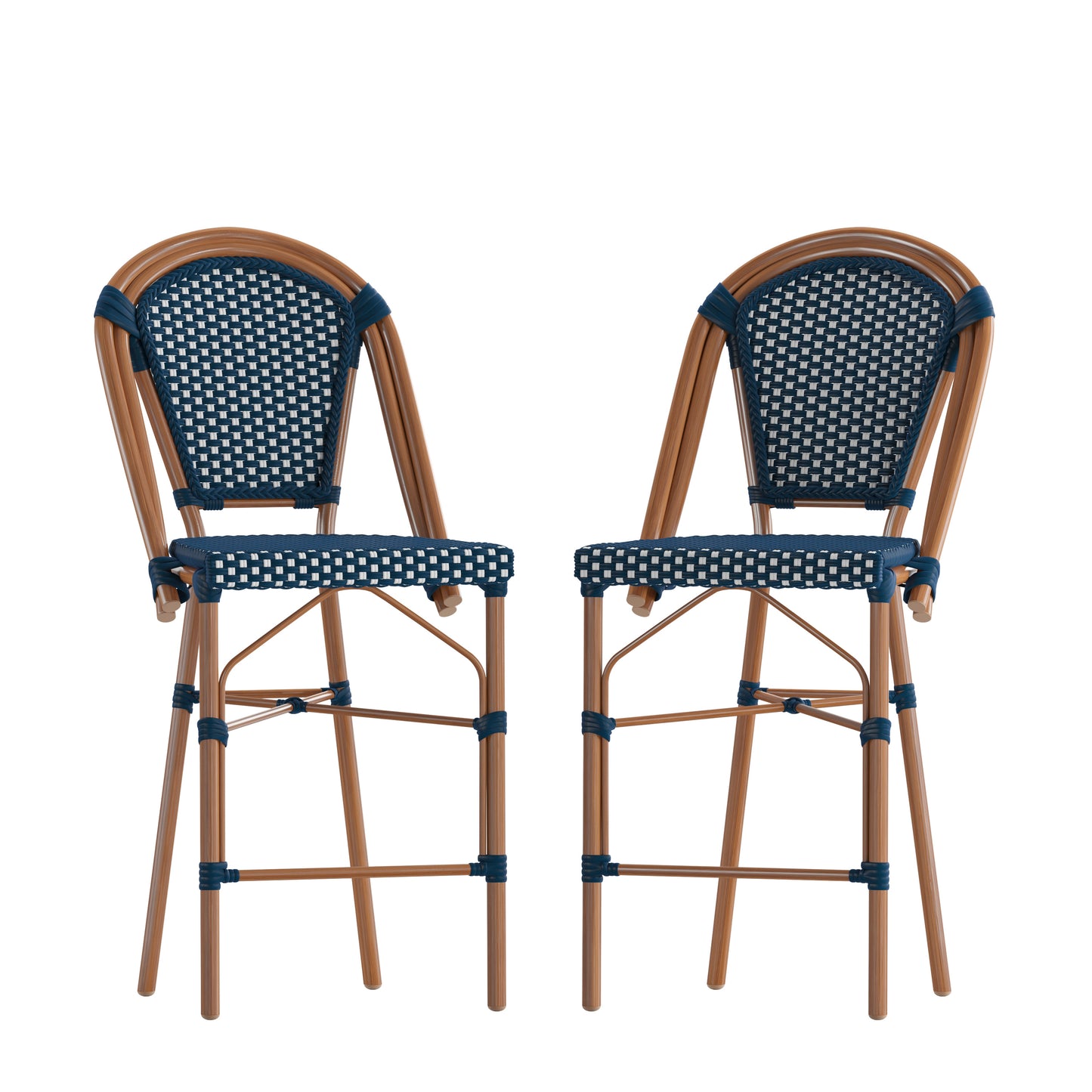 Bordeaux Set of 2 Stackable Indoor/Outdoor Bistro 26" High Counter Height Stools, Commercial Grade, Navy/White and Bamboo Finish Navy & White/Natural Frame