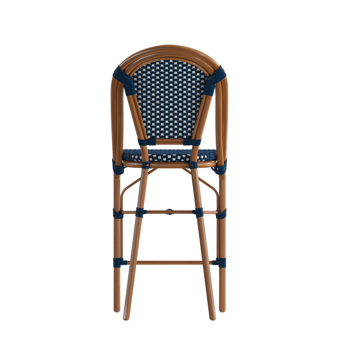 Bordeaux Set of 2 Stackable Indoor/Outdoor Bistro 26" High Counter Height Stools, Commercial Grade, Navy/White and Bamboo Finish Navy & White/Natural Frame