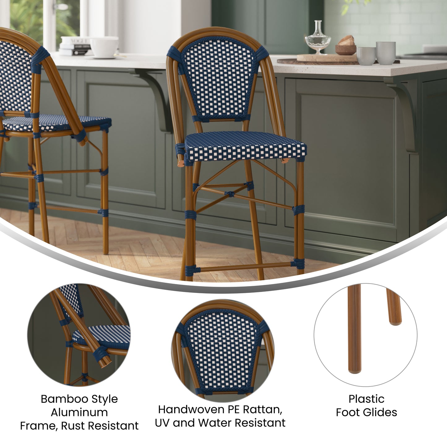 Bordeaux Set of 2 Stackable Indoor/Outdoor Bistro 26" High Counter Height Stools, Commercial Grade, Navy/White and Bamboo Finish Navy & White/Natural Frame