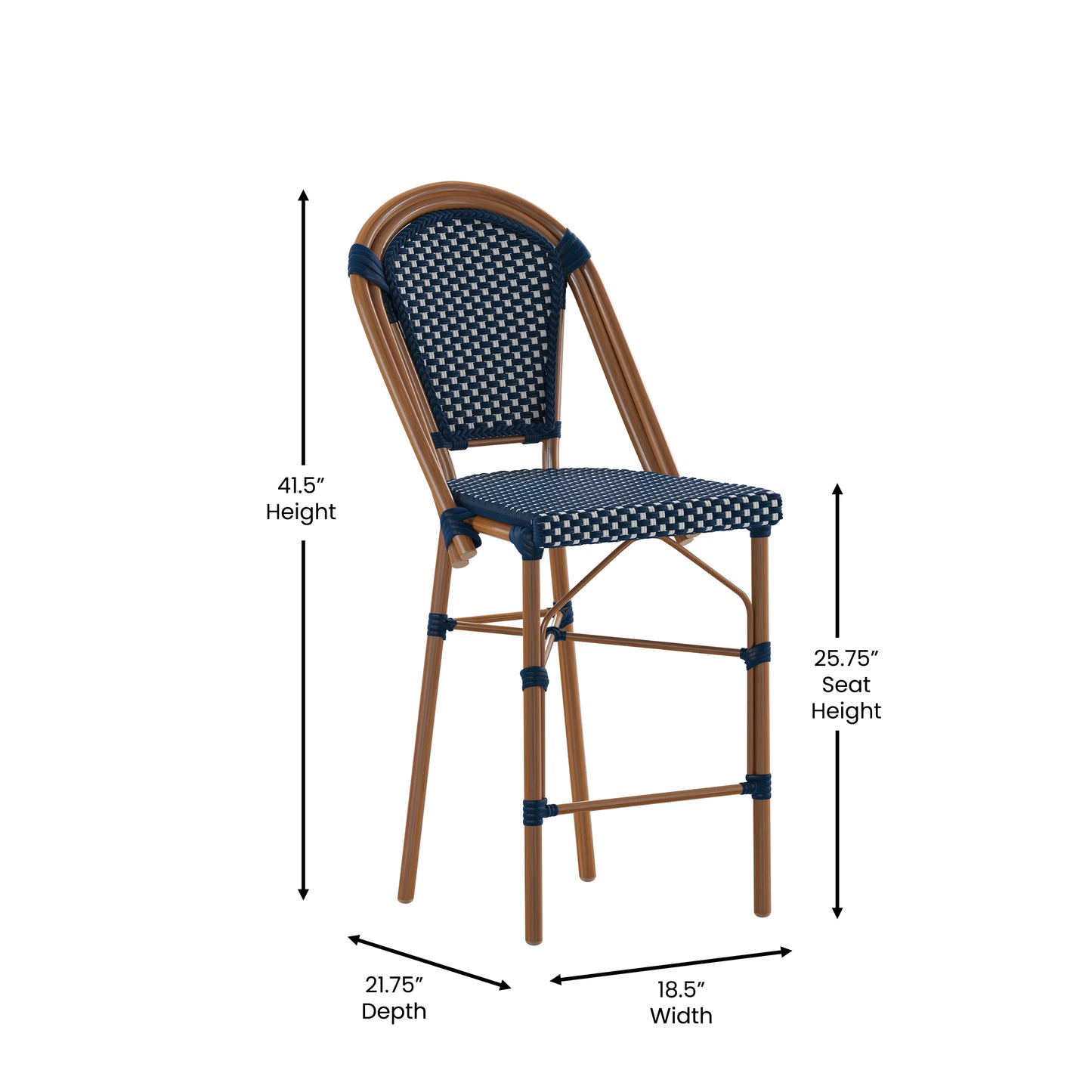 Bordeaux Set of 2 Stackable Indoor/Outdoor Bistro 26" High Counter Height Stools, Commercial Grade, Navy/White and Bamboo Finish Navy & White/Natural Frame