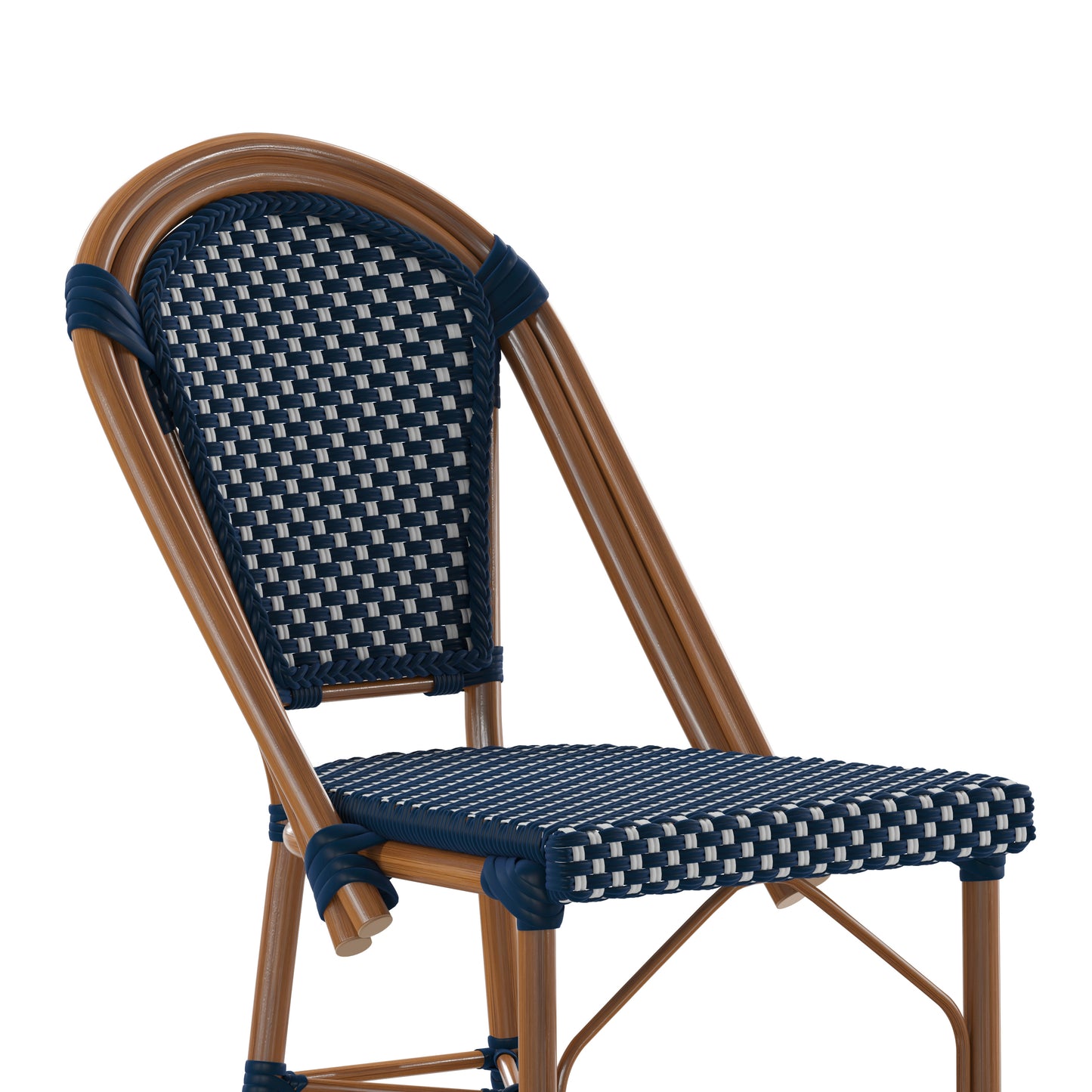 Bordeaux Set of 2 Stackable Indoor/Outdoor Bistro 26" High Counter Height Stools, Commercial Grade, Navy/White and Bamboo Finish Navy & White/Natural Frame