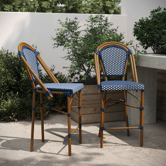 Bordeaux Set of 2 Stackable Indoor/Outdoor Bistro 26" High Counter Height Stools, Commercial Grade, Navy/White and Bamboo Finish Navy & White/Natural Frame