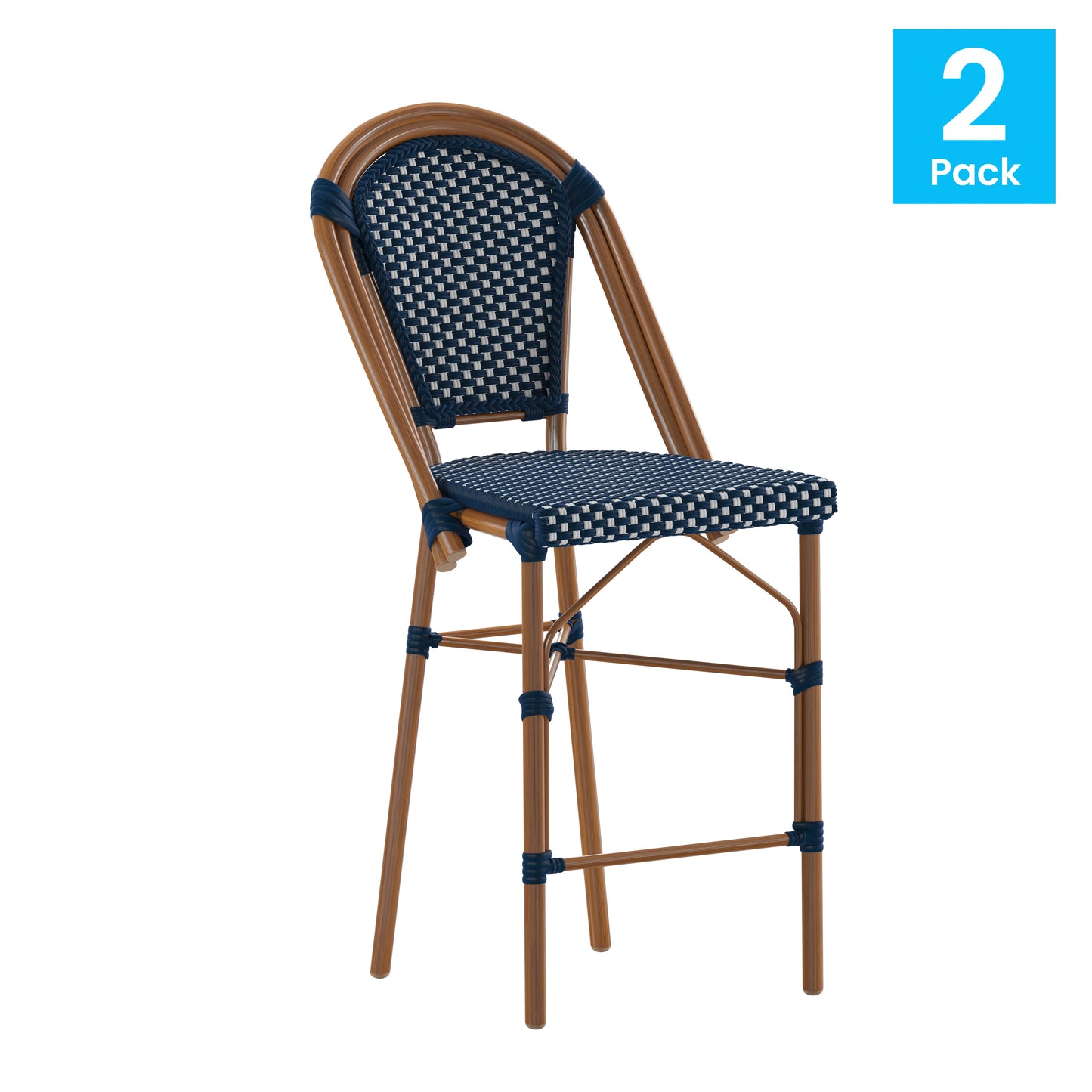 Bordeaux Set of 2 Stackable Indoor/Outdoor Bistro 26" High Counter Height Stools, Commercial Grade, Navy/White and Bamboo Finish Navy & White/Natural Frame