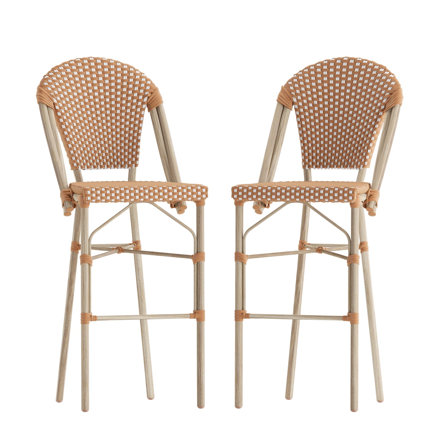 Lourdes Set of 2 Stackable Indoor/Outdoor Bistro 30" High Bar Stools, Commercial Grade, Natural/White and Light Natural Finish Natural & White/Light Natural Frame