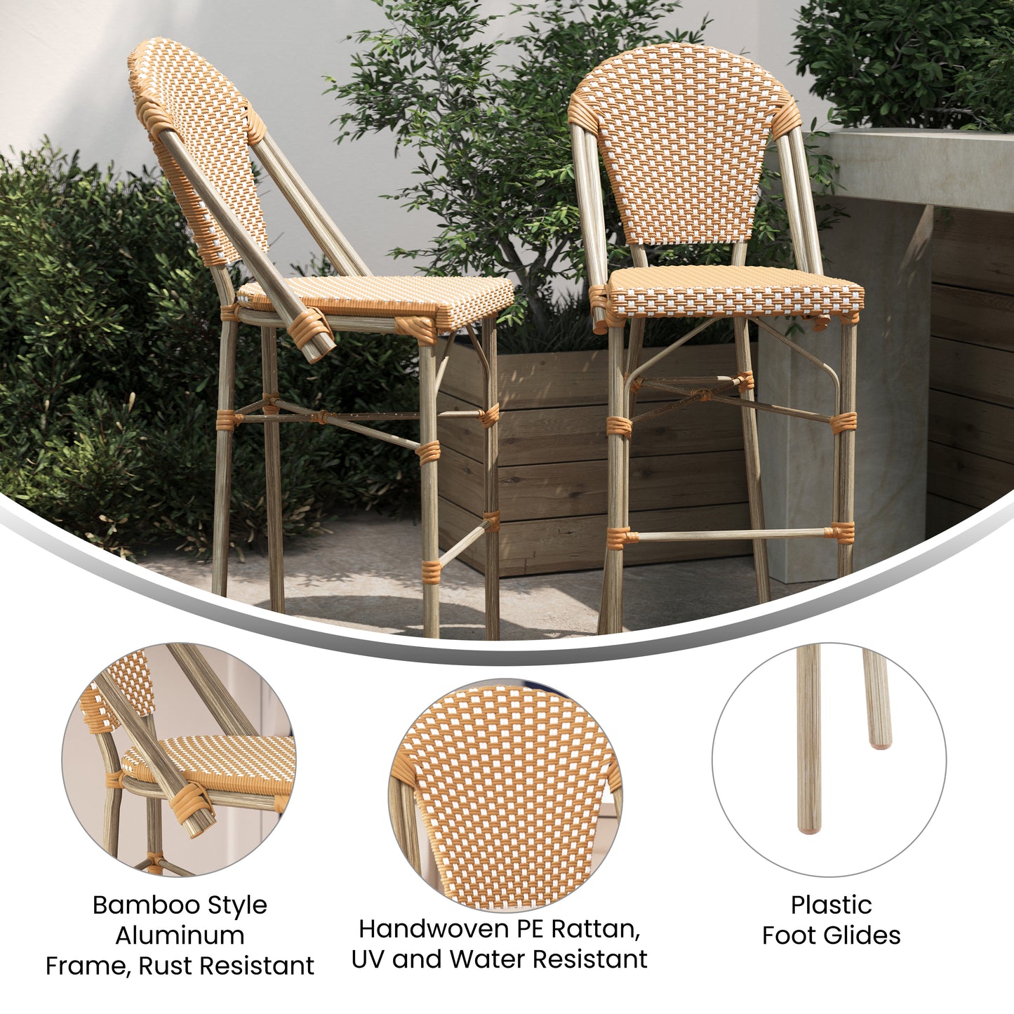 Lourdes Set of 2 Stackable Indoor/Outdoor Bistro 30" High Bar Stools, Commercial Grade, Natural/White and Light Natural Finish Natural & White/Light Natural Frame