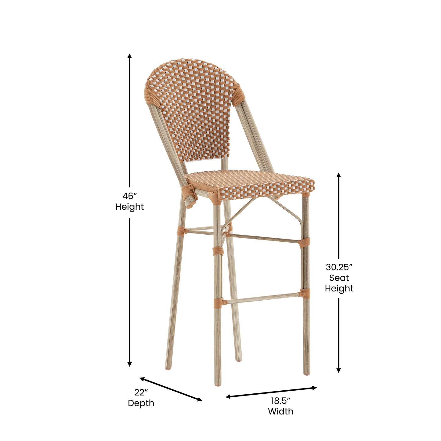 Lourdes Set of 2 Stackable Indoor/Outdoor Bistro 30" High Bar Stools, Commercial Grade, Natural/White and Light Natural Finish Natural & White/Light Natural Frame