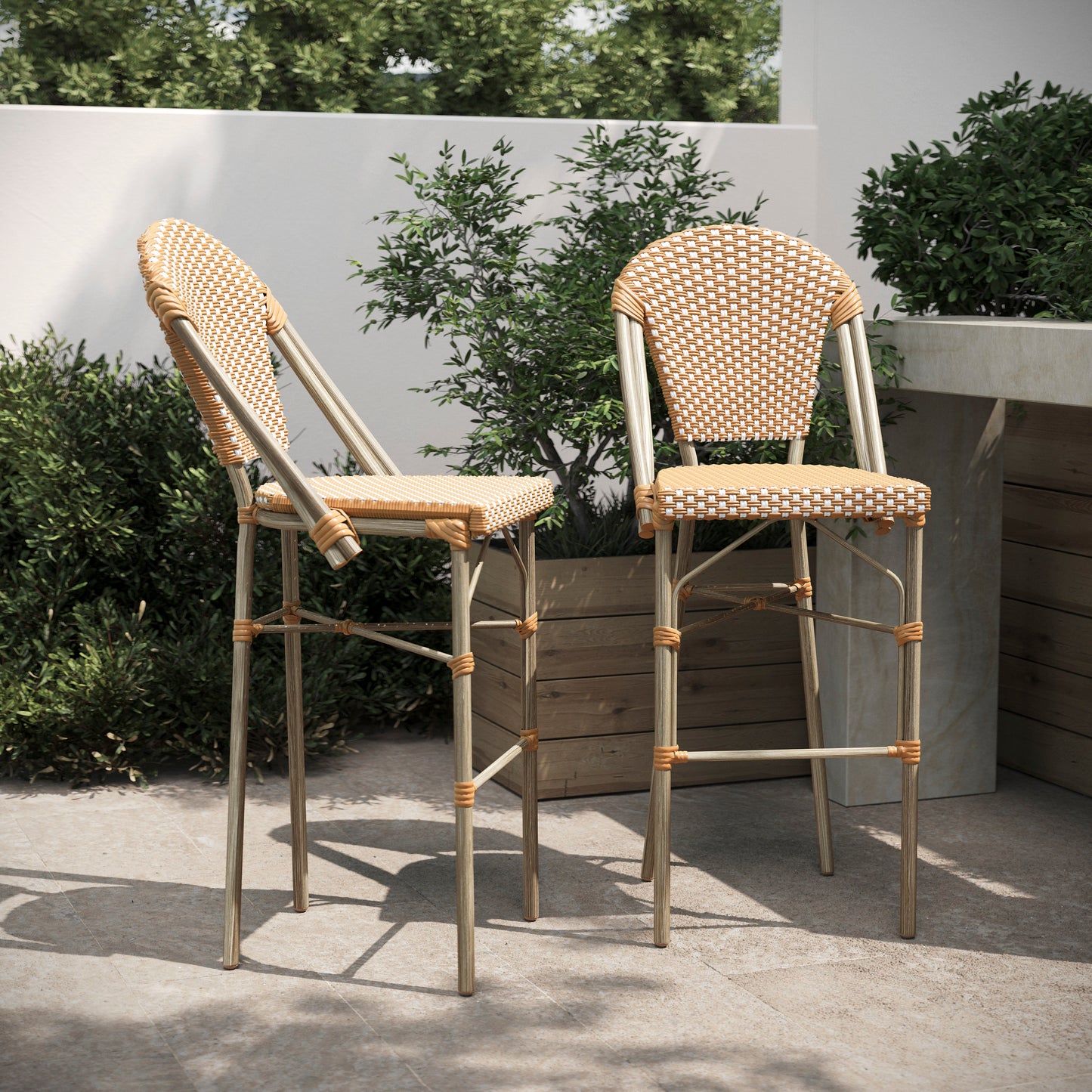Lourdes Set of 2 Stackable Indoor/Outdoor Bistro 30" High Bar Stools, Commercial Grade, Natural/White and Light Natural Finish Natural & White/Light Natural Frame