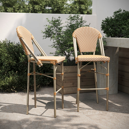 Lourdes Set of 2 Stackable Indoor/Outdoor Bistro 30" High Bar Stools, Commercial Grade, Natural/White and Light Natural Finish Natural & White/Light Natural Frame