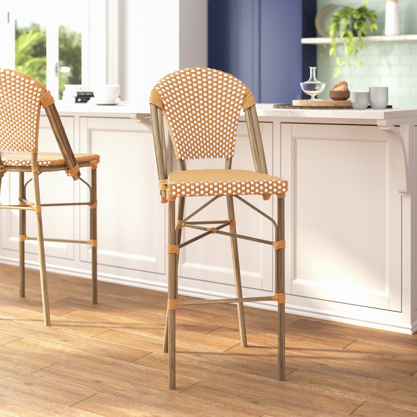 Lourdes Set of 2 Stackable Indoor/Outdoor Bistro 30" High Bar Stools, Commercial Grade, Natural/White and Light Natural Finish Natural & White/Light Natural Frame
