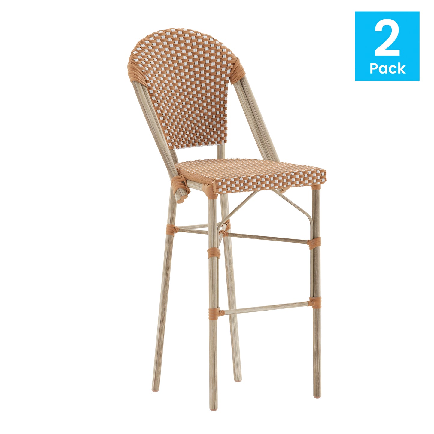 Lourdes Set of 2 Stackable Indoor/Outdoor Bistro 30" High Bar Stools, Commercial Grade, Natural/White and Light Natural Finish Natural & White/Light Natural Frame