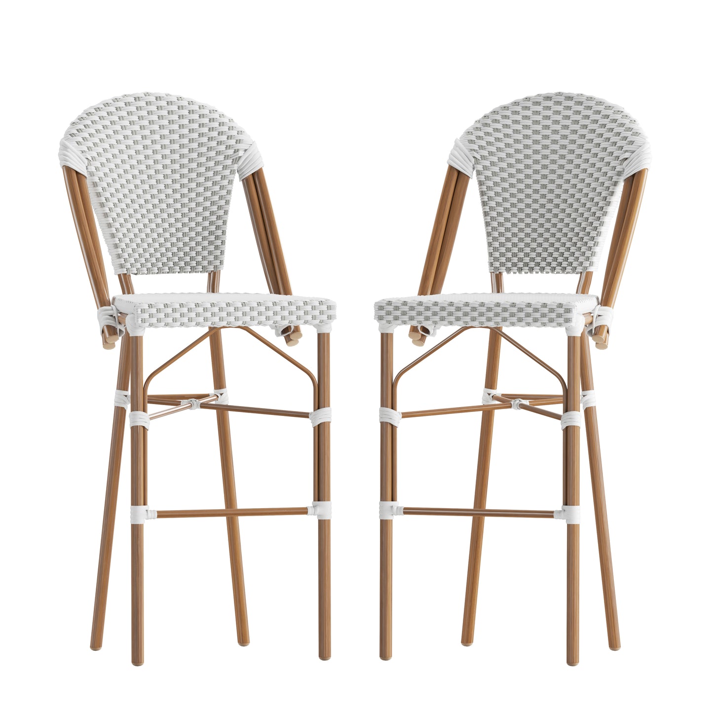 Lourdes Set of 2 Stackable Indoor/Outdoor Bistro 30" High Barstools, Commercial Grade, White/Gray and Bamboo Finish White & Gray/Natural Frame