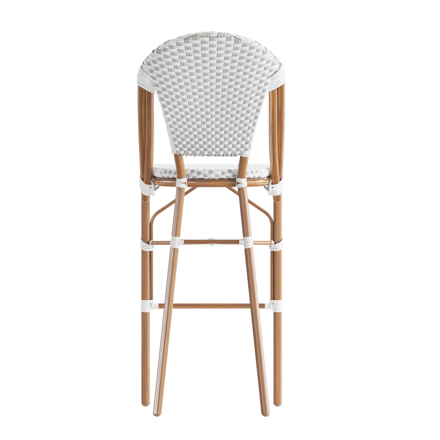 Lourdes Set of 2 Stackable Indoor/Outdoor Bistro 30" High Barstools, Commercial Grade, White/Gray and Bamboo Finish White & Gray/Natural Frame
