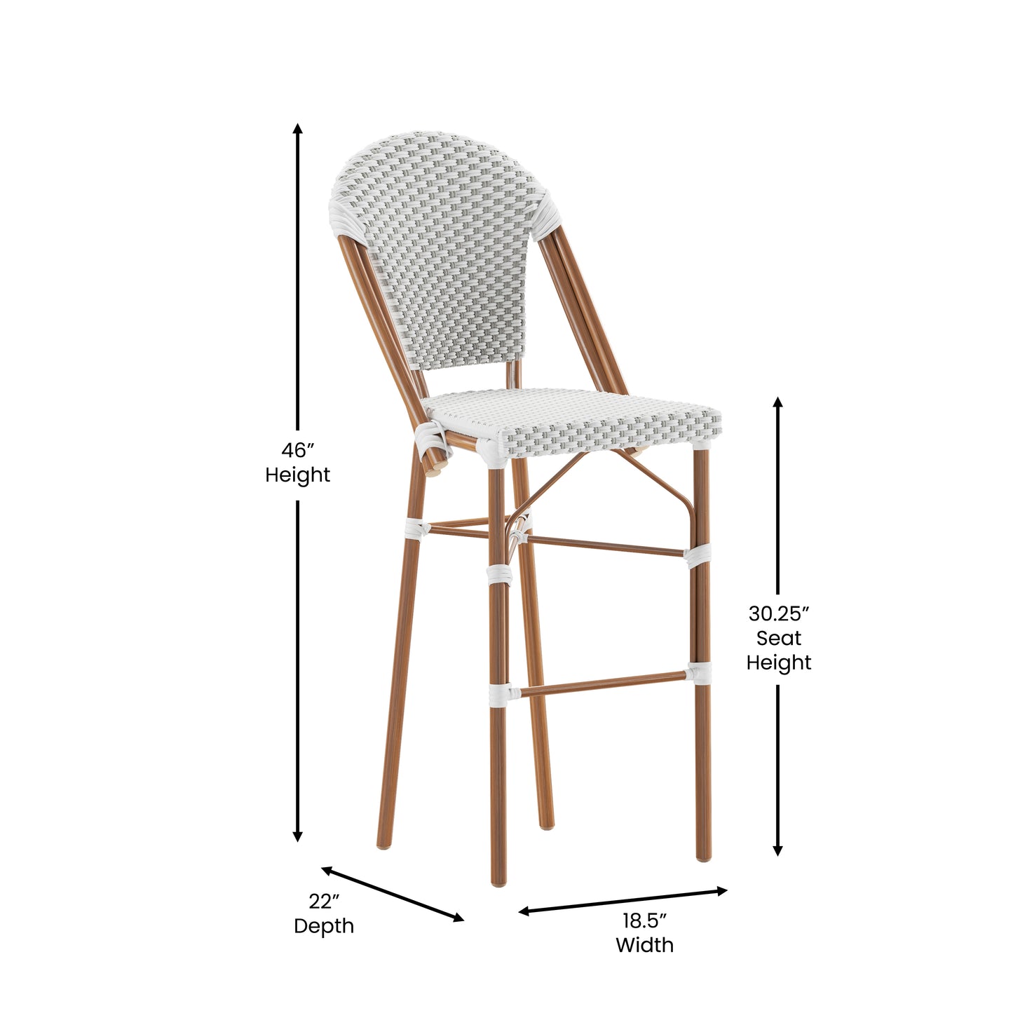 Lourdes Set of 2 Stackable Indoor/Outdoor Bistro 30" High Barstools, Commercial Grade, White/Gray and Bamboo Finish White & Gray/Natural Frame