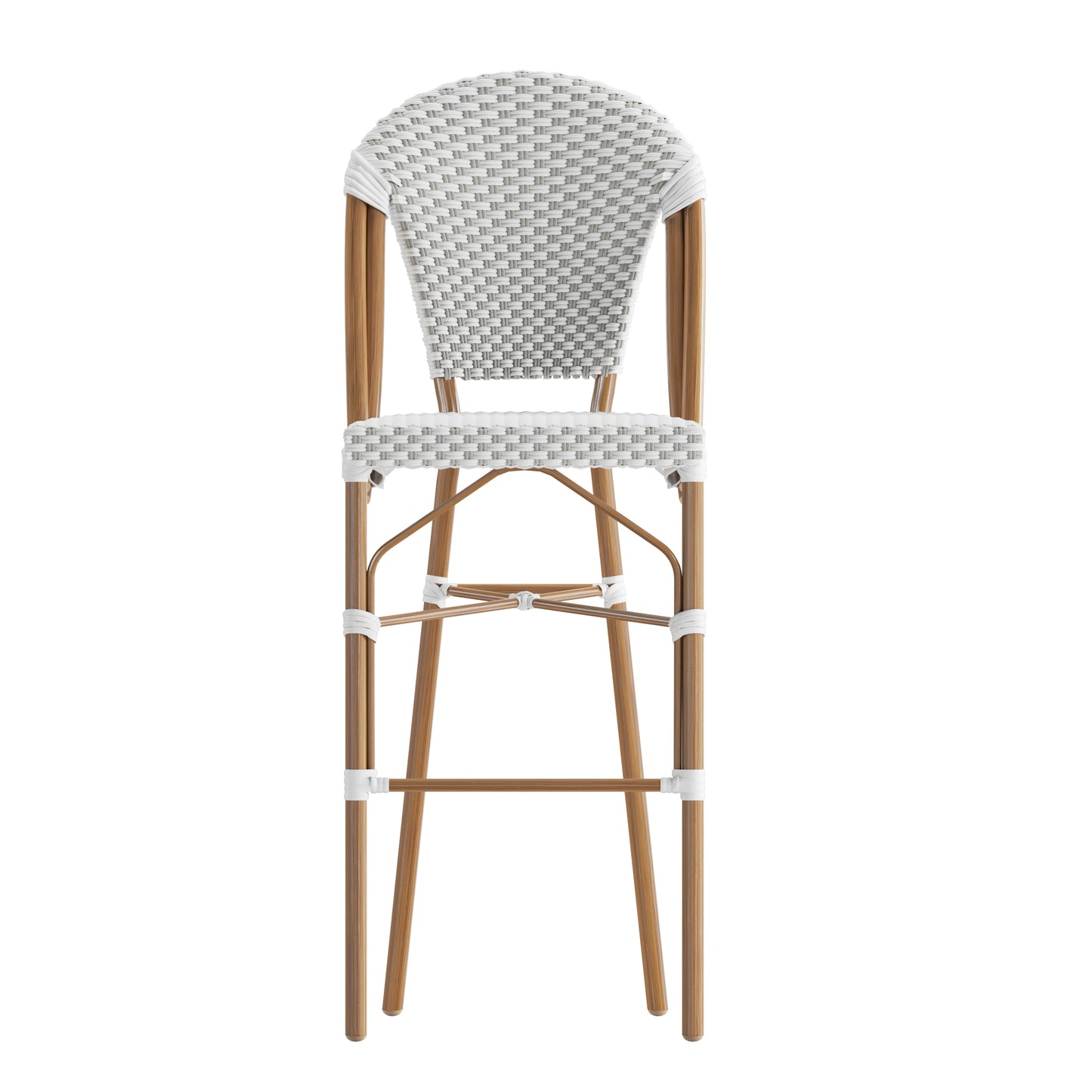 Lourdes Set of 2 Stackable Indoor/Outdoor Bistro 30" High Barstools, Commercial Grade, White/Gray and Bamboo Finish White & Gray/Natural Frame