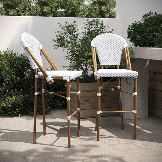 Lourdes Set of 2 Stackable Indoor/Outdoor Bistro 30" High Barstools, Commercial Grade, White/Gray and Bamboo Finish White & Gray/Natural Frame