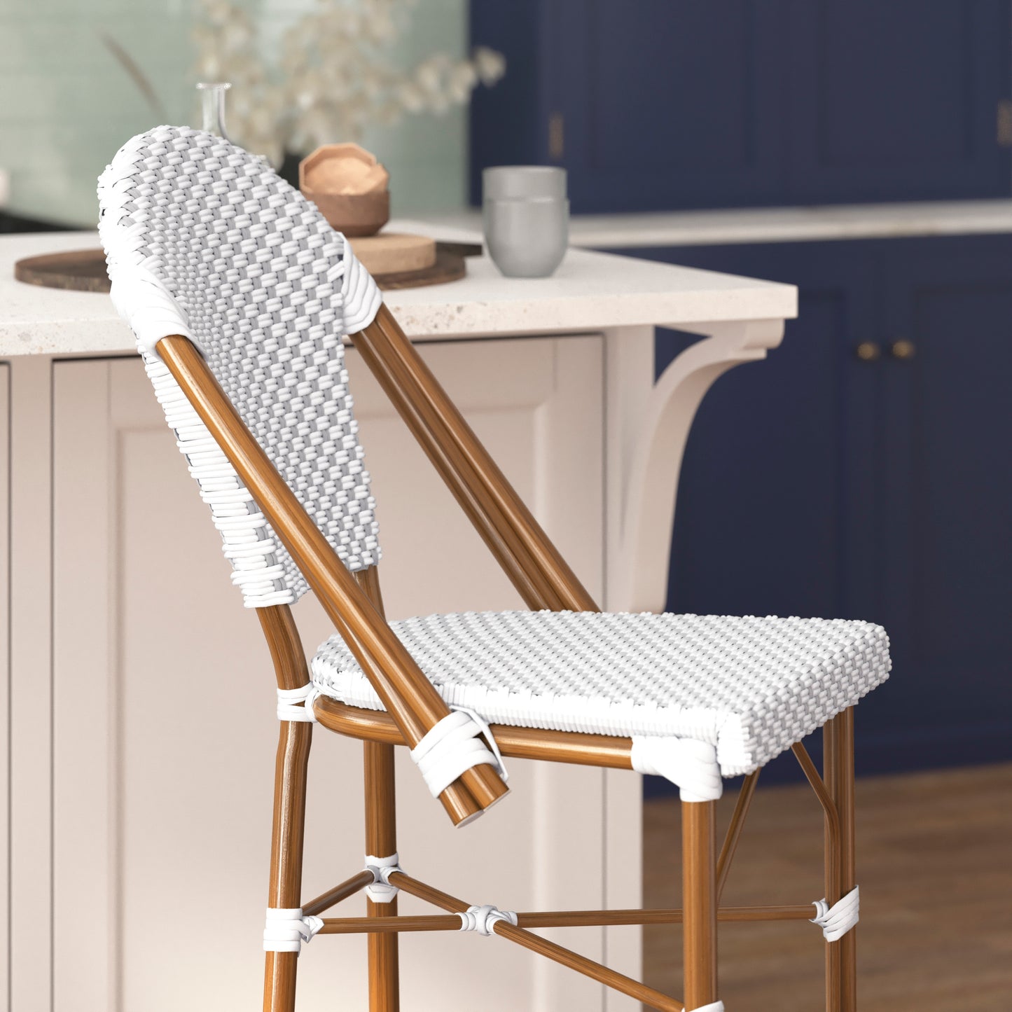 Lourdes Set of 2 Stackable Indoor/Outdoor Bistro 30" High Barstools, Commercial Grade, White/Gray and Bamboo Finish White & Gray/Natural Frame