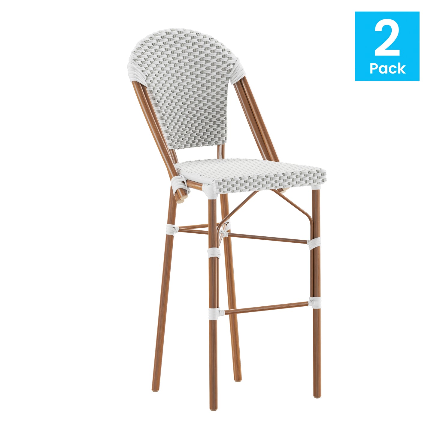 Lourdes Set of 2 Stackable Indoor/Outdoor Bistro 30" High Barstools, Commercial Grade, White/Gray and Bamboo Finish White & Gray/Natural Frame