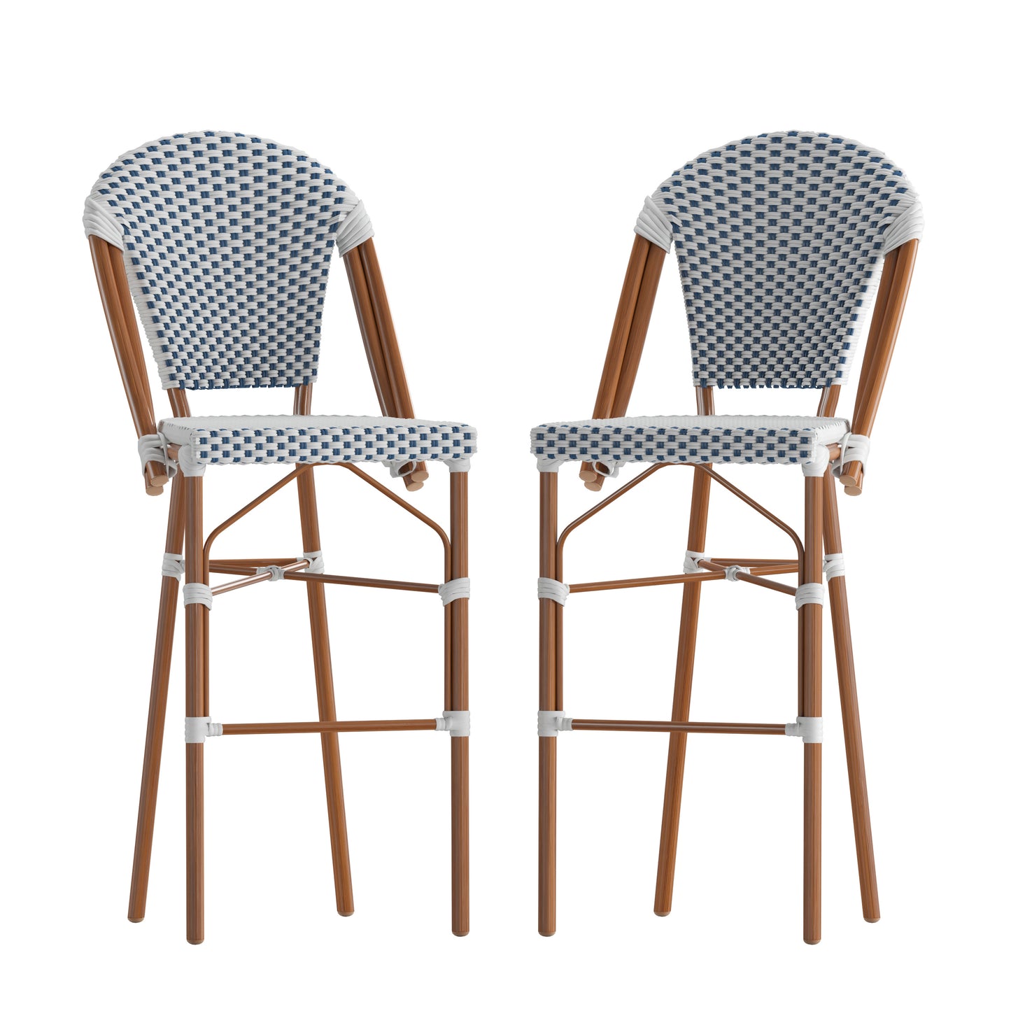 Lourdes Set of 2 Stackable Indoor/Outdoor Bistro 30" High Barstools, Commercial Grade, White/Navy and Bamboo Finish White & Navy/Natural Frame
