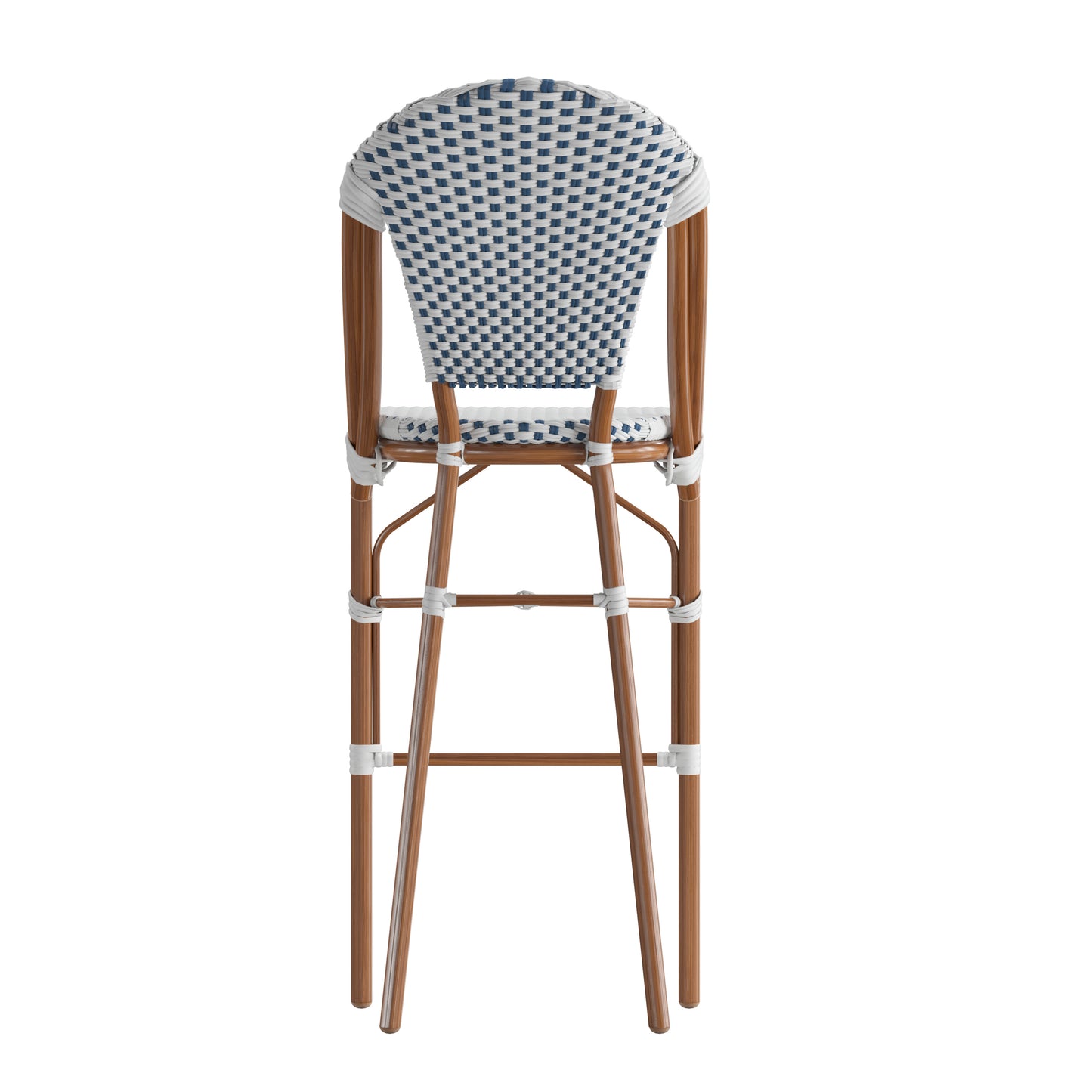 Lourdes Set of 2 Stackable Indoor/Outdoor Bistro 30" High Barstools, Commercial Grade, White/Navy and Bamboo Finish White & Navy/Natural Frame