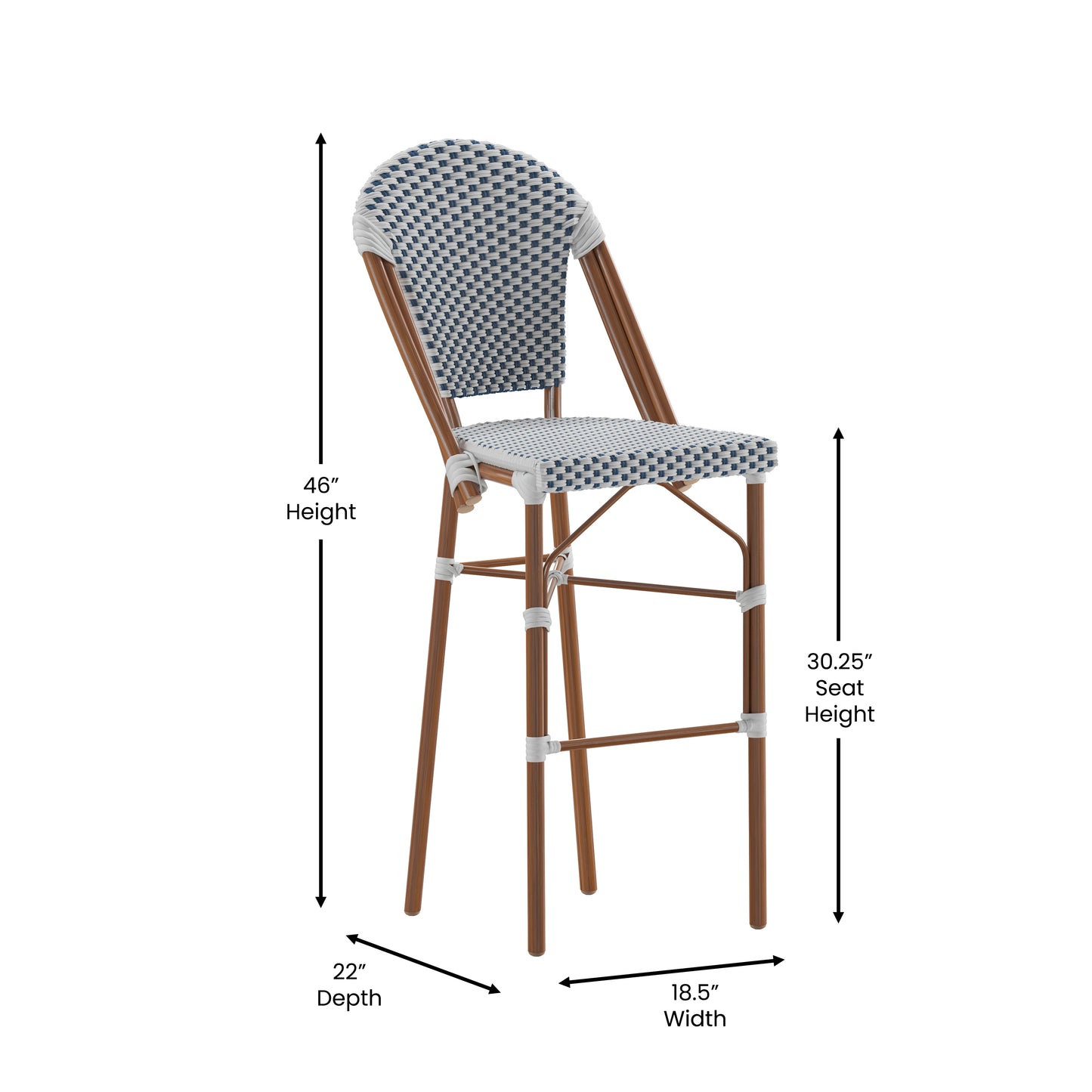 Lourdes Set of 2 Stackable Indoor/Outdoor Bistro 30" High Barstools, Commercial Grade, White/Navy and Bamboo Finish White & Navy/Natural Frame