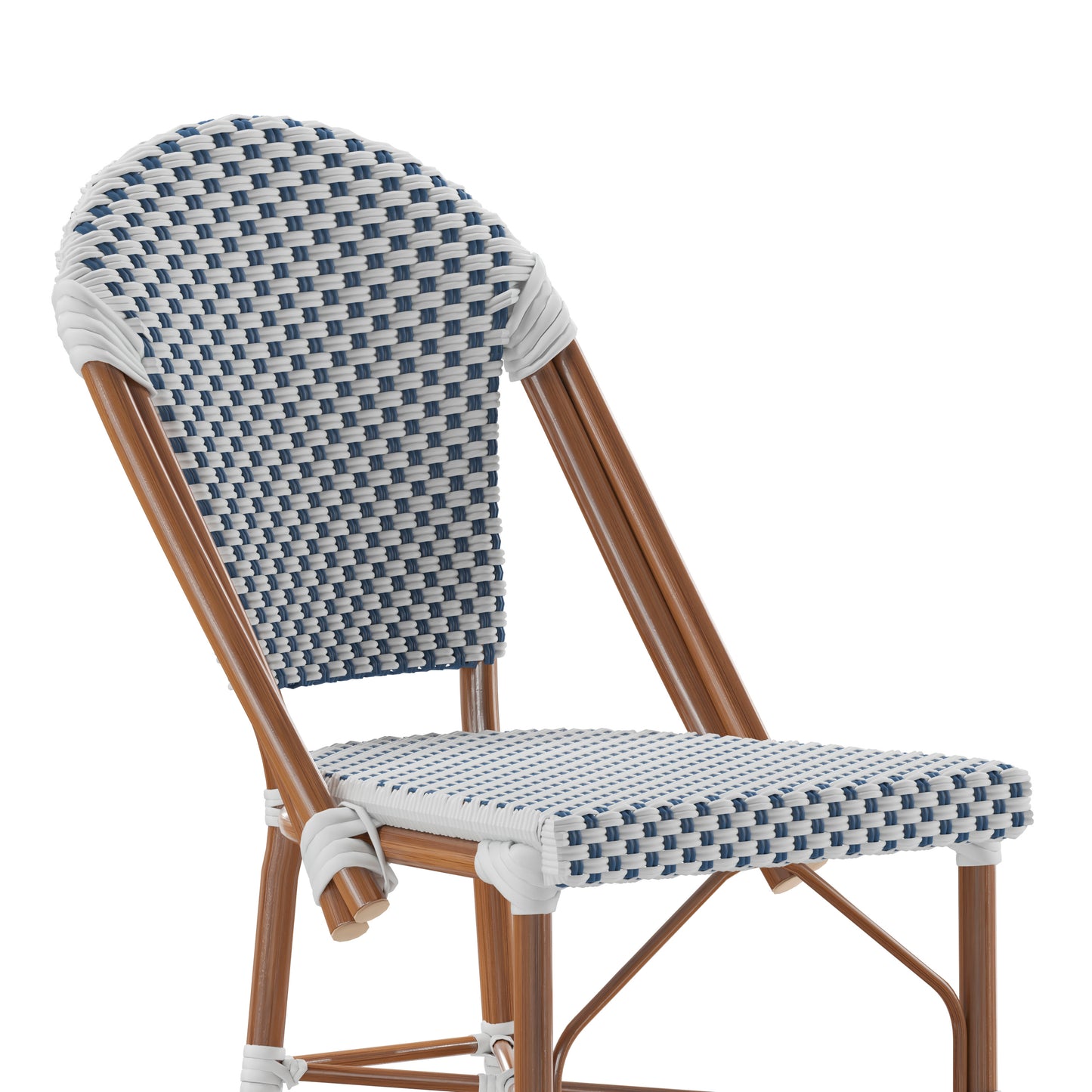 Lourdes Set of 2 Stackable Indoor/Outdoor Bistro 30" High Barstools, Commercial Grade, White/Navy and Bamboo Finish White & Navy/Natural Frame
