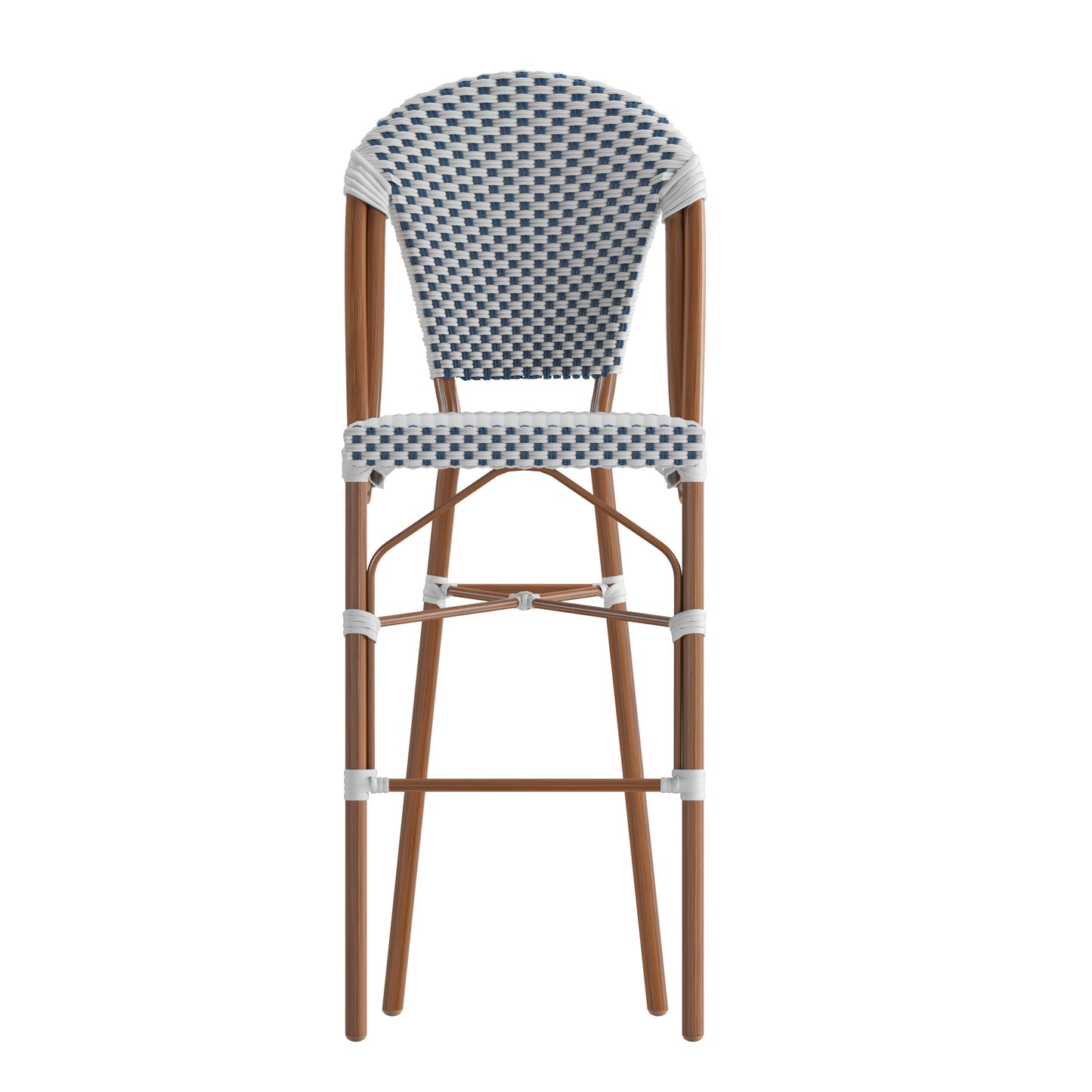 Lourdes Set of 2 Stackable Indoor/Outdoor Bistro 30" High Barstools, Commercial Grade, White/Navy and Bamboo Finish White & Navy/Natural Frame
