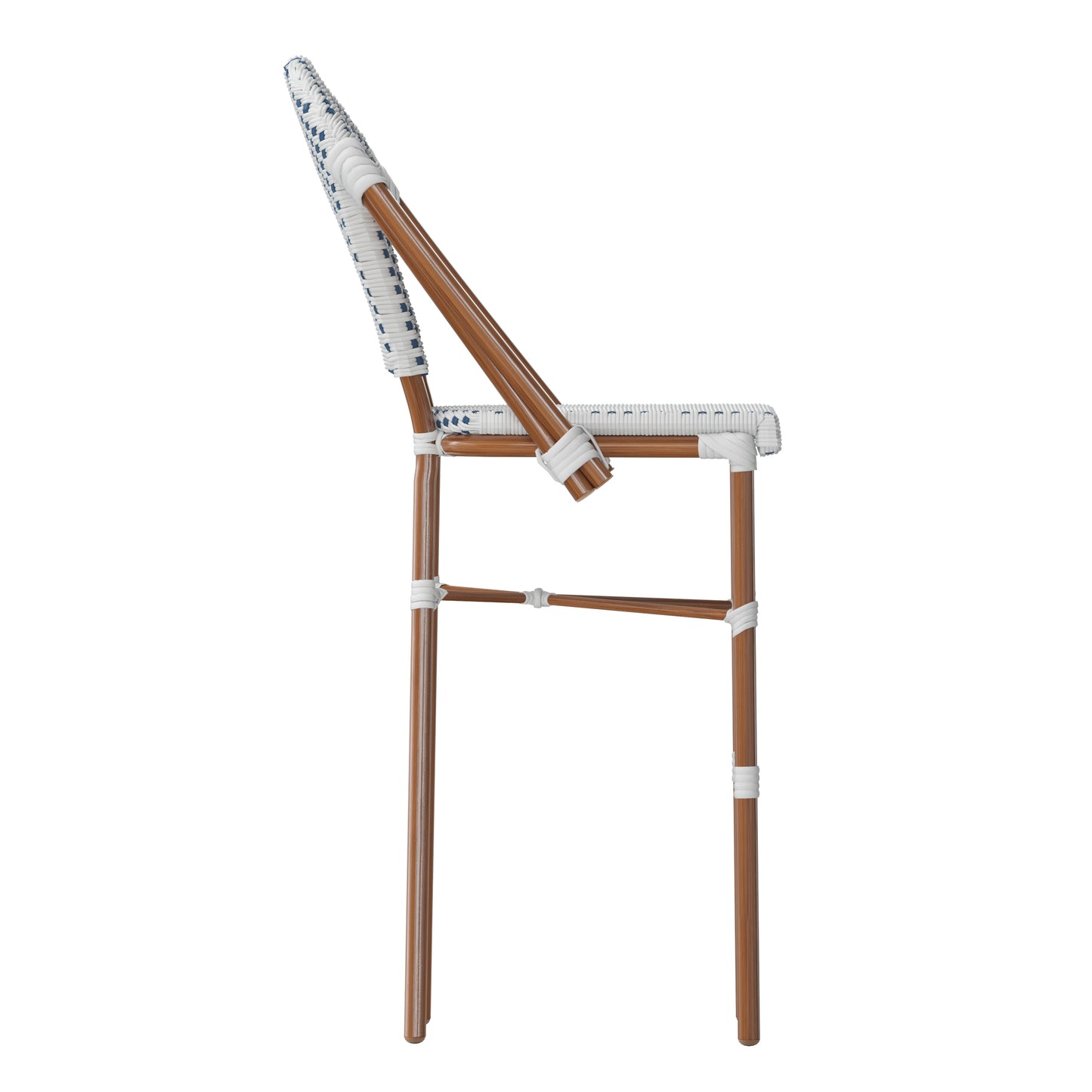 Lourdes Set of 2 Stackable Indoor/Outdoor Bistro 30" High Barstools, Commercial Grade, White/Navy and Bamboo Finish White & Navy/Natural Frame