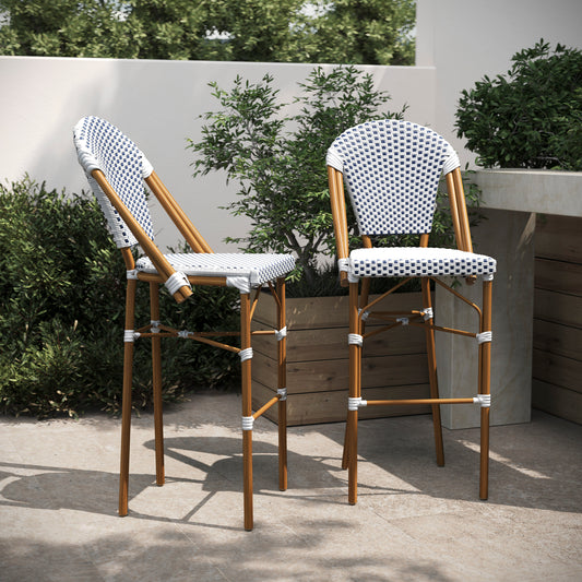 Lourdes Set of 2 Stackable Indoor/Outdoor Bistro 30" High Barstools, Commercial Grade, White/Navy and Bamboo Finish White & Navy/Natural Frame